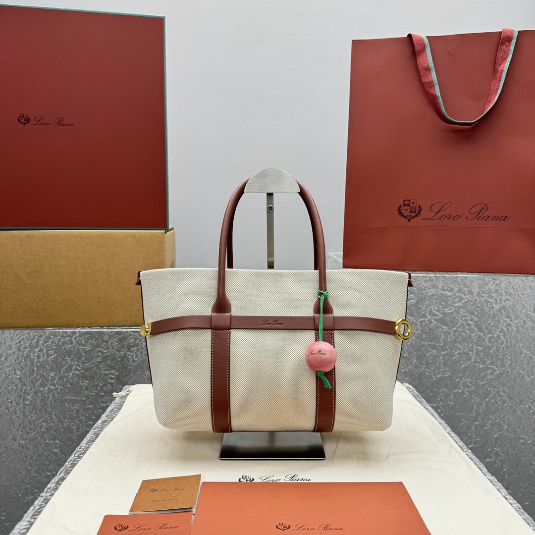 Loro Piana Ghiera Shopper Sac à Main En Toile Beige et Cuir Marron, Taille Moyenne