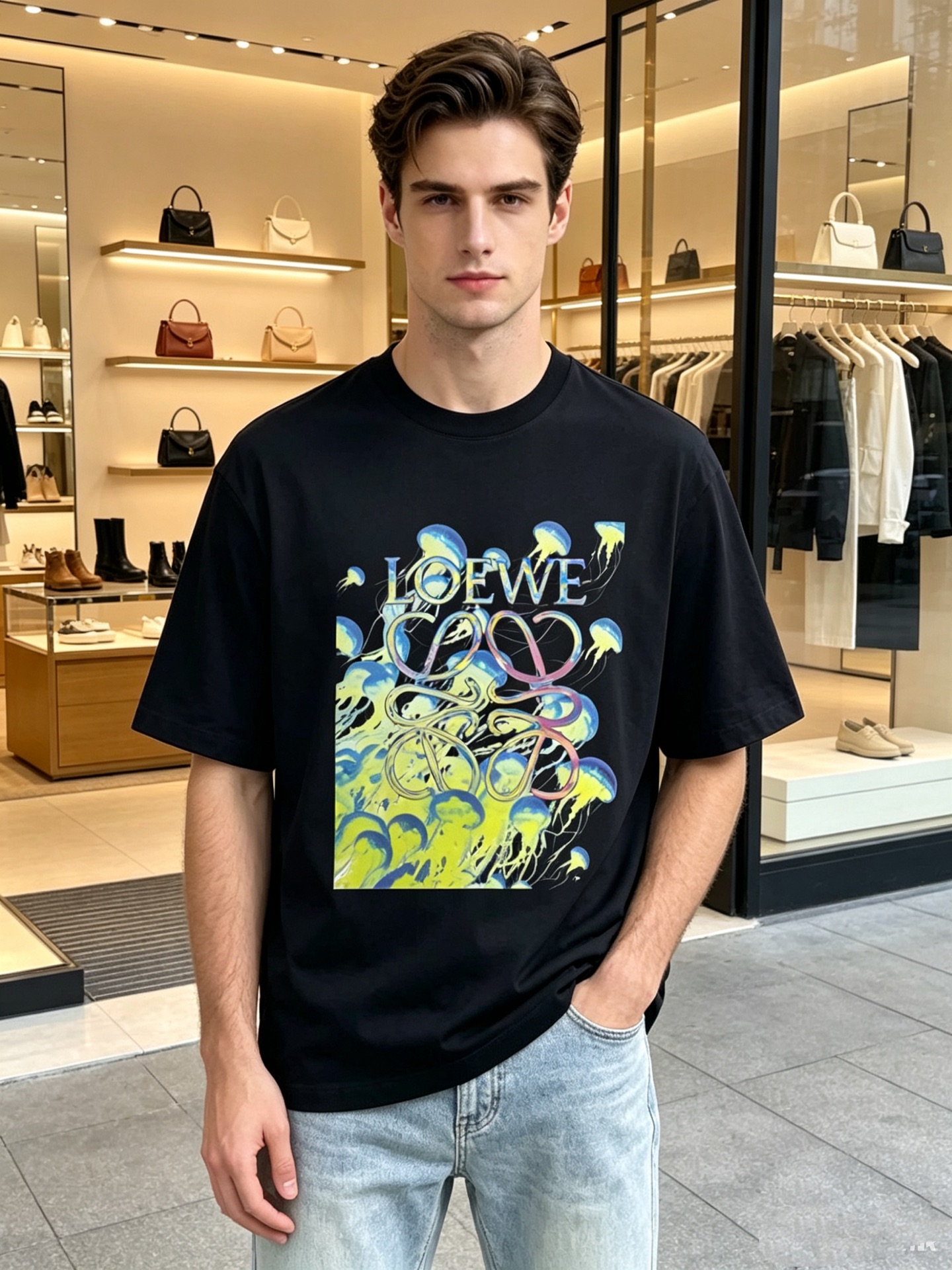 NO:949874,High version of top products 2026 Loewe spring and summer new debut counter latest short-sleeved round neck T-shirt, high-end custom design, avant-garde and fashionable!  The brand logo is printed using high-end custom-made 280g double sand pure cotton fabric. It feels soft and comfortable to wear. It has counter-level exquisite stitching and fine workmanship. The upper body effect is incomparably handsome!  A must-have item for men and women alike!  Size M～XXXL When placing an order, please state your height and weight. Wear up to 200 pounds, black and white, loewe, T-shirt, tees, t-shirt,19860909高版本顶级货品2026罗意威春夏新款首发专柜最新款短袖圆领T恤 高端订制 设计前卫时尚！品牌logo釆用印花工艺 高端定制280克双沙纯棉面料.手感柔软.穿着舒适.专柜级别精致车线.做工精细.上身效果无敌帅气！男女同款情侣必备单品！码数M～XXXL下单报身高体重 最大穿200斤,黑白,,loewe,T-shirt,tees，t-shirt,,Men's clothing