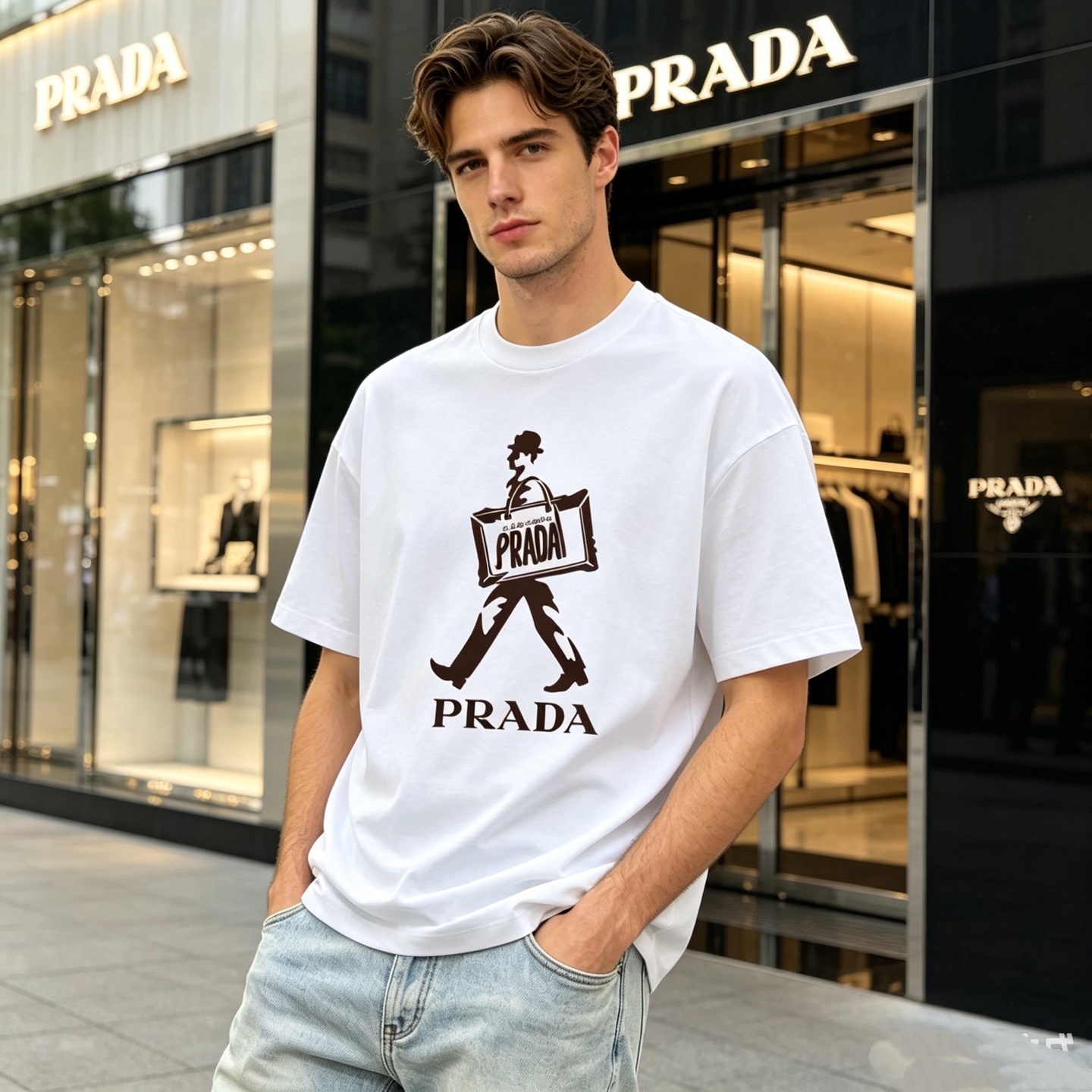 NO:908701,PRADA's high-end version of top-notch products 2026 spring and summer new debut counter, the latest short-sleeved round-neck T-shirt, high-end customization, avant-garde and fashionable design!  The brand logo is embossed with ink drop-dyeing technology. High-end customized 280g double sand pure cotton fabric. Soft to the touch. Comfortable to wear. Exquisite stitching at the counter level. Fine workmanship. The upper body effect is incomparably handsome!  A must-have item for men and women alike!  Size M～XXXL. Please state your height and weight when ordering. Wearing up to 200 pounds, black and white, prada, prada, T-shirt, tees, t-shirt,19860909普拉达PRADA 高版本顶级货品2026春夏新款首发专柜最新款短袖圆领T恤 高端订制 设计前卫时尚！品牌logo釆用水墨滴染工艺 高端定制280克双沙纯棉面料.手感柔软.穿着舒适.专柜级别精致车线.做工精细.上身效果无敌帅气！男女同款情侣必备单品！码数M～XXXL下单报身高体重 最大穿200斤,黑白,,prada,prada,T-shirt,tees，t-shirt,,Men's clothing