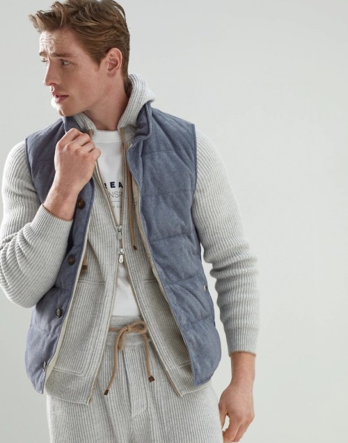 Brunello Cucinelli Denim Effect Suede Goose Down Vest | Lightweight & Stylish 1 Brunello Cucinelli Denim Effect Suede Goose Down Vest | Lightweight & Stylish