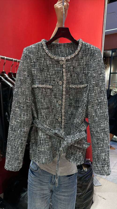 Chanel 2025 Tweed Jacket with Rhinestone Embellishments and Belted Waist 1 Chanel 2025 Tweed Jacket with Rhinestone Embellishments and Belted Waist