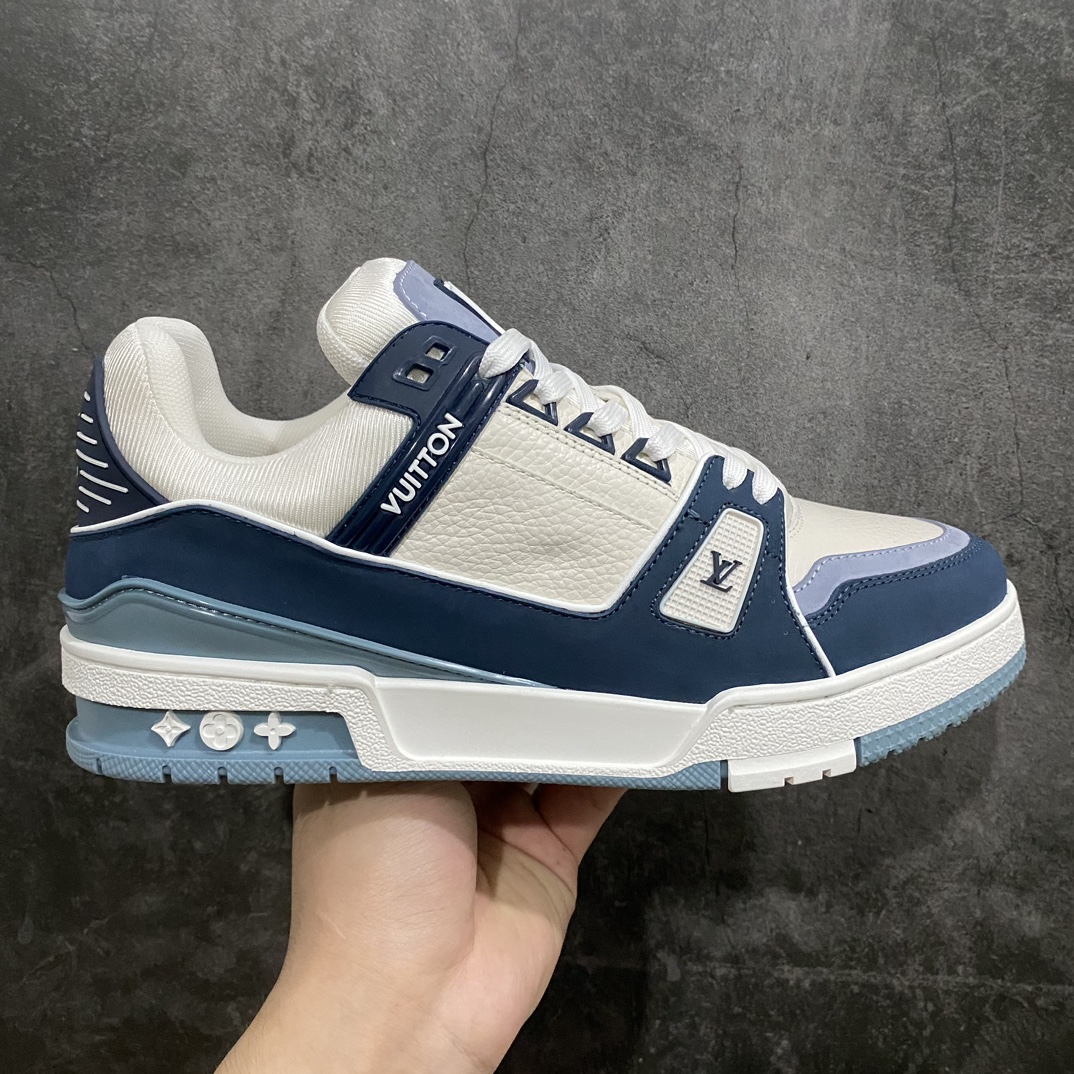 [Premium Yellow Box Gift Box Edition] LV Trainer Low-top Sneakers White and Blue Suede