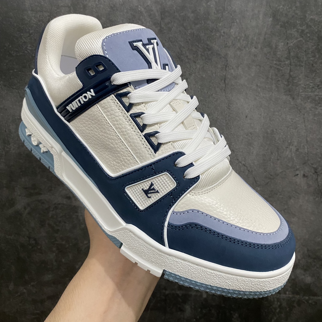 [Premium Yellow Box Gift Box Edition] LV Trainer Low-top Sneakers White and Blue Suede