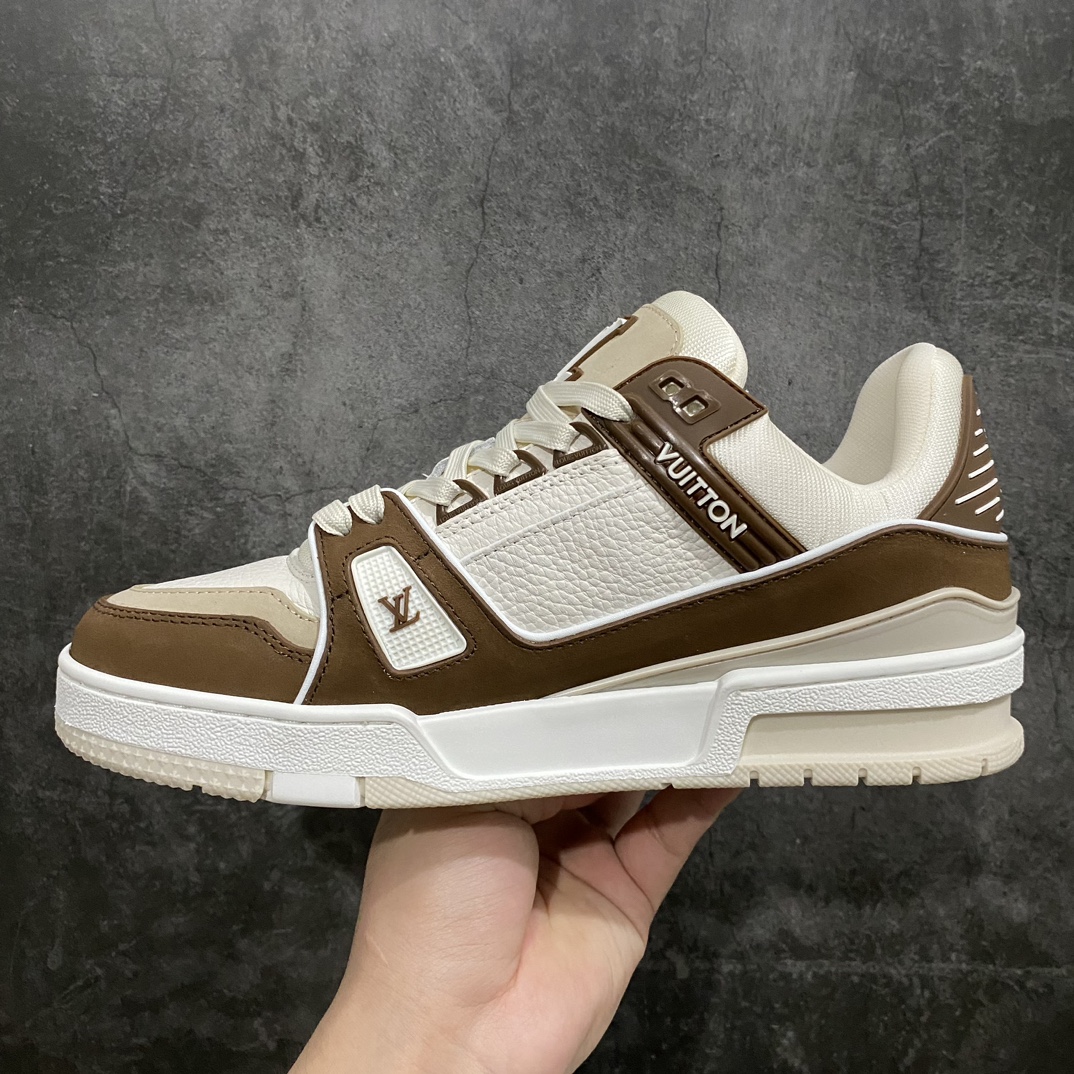 580 【顶级无胶礼盒有字版】 LV Trainer 低帮板鞋 白棕麂皮