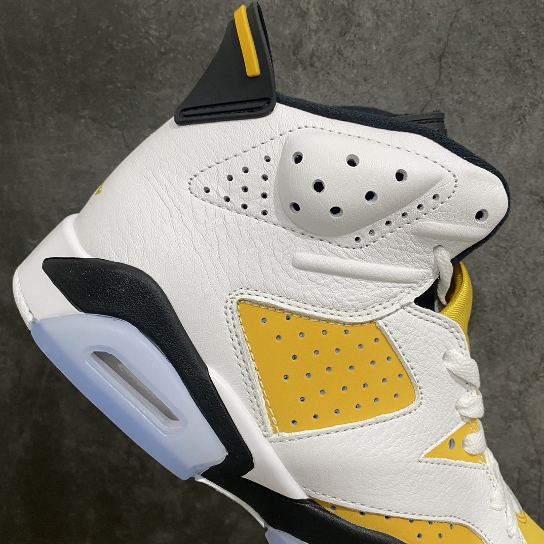 图片[7]-【外贸版】Air Jordan 6 Retro \”Yellow Ochre\” 高帮 白黄 AJ6 乔丹6代 aj6 乔6 高邦 白黄 乔丹篮球鞋系列 在覆盖层上采用白色皮革，在侧面板、鞋头、鞋带锁、鞋跟标签上的部分和鞋舌覆盖层上均采用黄色绒面革。其他细节包括黑色鞋舌、内衬、Jumpmanj Logo标志；后跟和中底的Jumpmann Logo则以黄色点缀，最后以白黑中底搭配冰冷的半透明外底上完善设计收尾。 货号：CT8529-170 尺码：40 40.5 41 42 42.5 43 44 44.5 45 46 47.5-莆田鞋批发中心