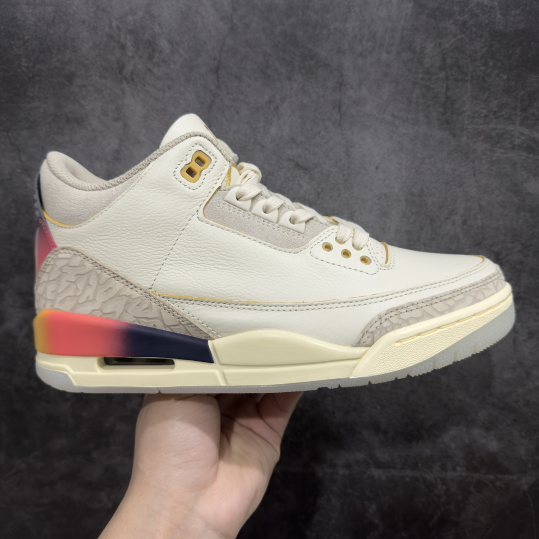 【莞产版】J Balvin x Air Jordan AJ3 联名白蓝红 彩虹渐变 FN0344-901专业AJ大厂出品 品质细节眼见为实全套原纸板楦头开发 原厂大底磨具加持立体防滑纹理 原装可视Air Sole气垫 原汁原味最完美的三代版型 唯一正确鞋头趴度弧度高度鞋身腰线 原厂TPU彩虹扎染后跟饰片 正确内里反口里网布 皮料菱角分明不变形无多余毛边 广东原厂zp同批次手工大底描漆拉丝 市场唯一原厂鞋扣模具 原厂织唛标 原厂飞人电绣工艺 尾指中部跳三针 独家绑鞋带手法 印刷中底布 四线拉帮 米色美纹纸贴合固定 进口港宝加持 后跟自然饱满 全鞋荧光划线卡点 追求极致完美 每一双都是工艺品 多重QC质检 超越公司货的品控标准 实实在在的免检产品  尺码：40.5 41 42 42.5 43 44 44.5 45 45.5 46 47.5 48.5-莆田鞋批发中心