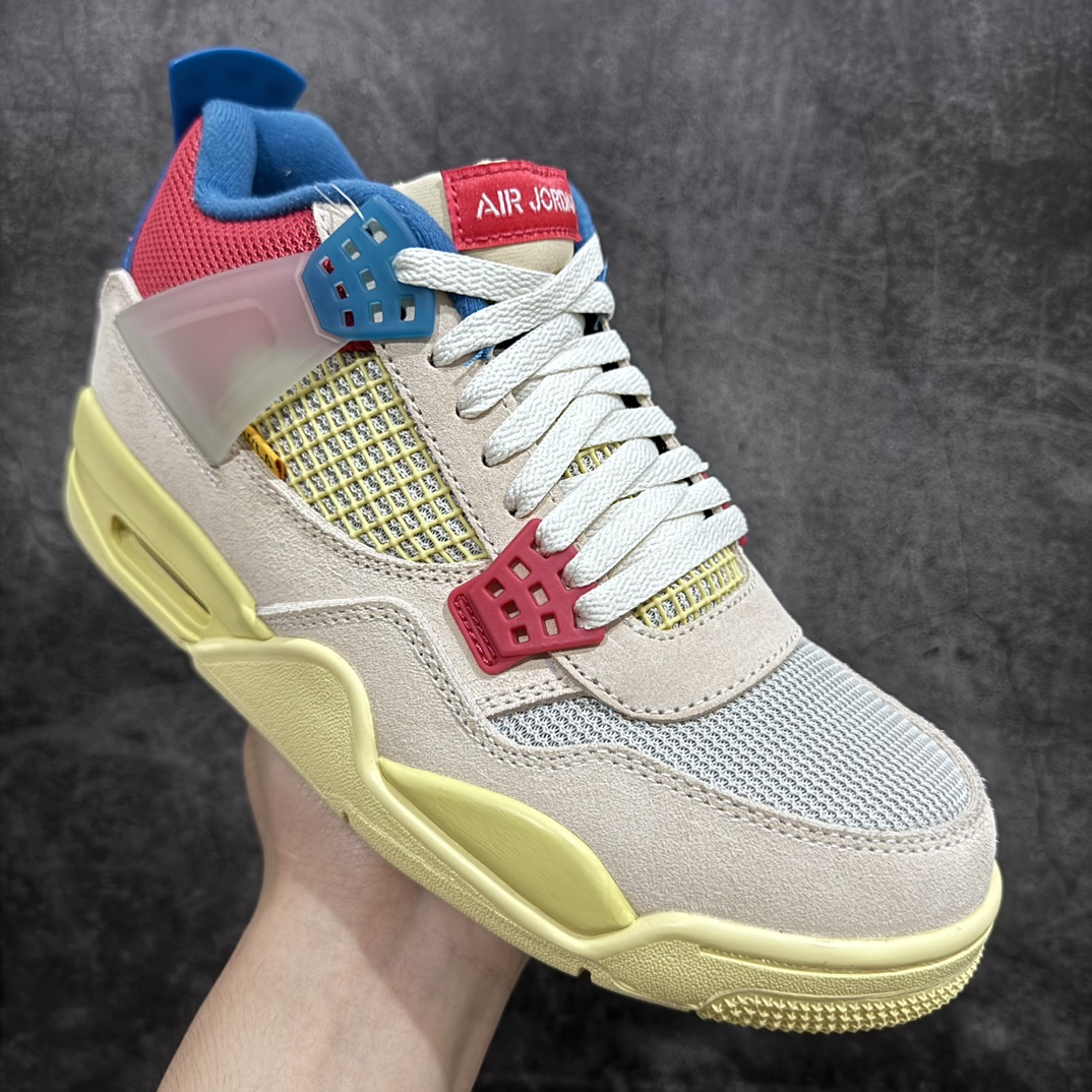 图片[3]-【老DT版本】Union LA x Air Jordan 4 AJ4 联名 南海岸 粉红蓝货号：DC9533-800nn纯原专业AJ大厂出品 耗时半年巨作全套原纸板楦头开发 原厂特供皮料加持确保原汁原味 完美呈现四代版型一比一鞋头弧度高度鞋身弧度 数据细节工艺流程均保持原鞋一致 原厂TPU网格鞋带扣 正确内里网布 菱角分明不变形无多余毛边 柔软性质感一致于原鞋 市场唯一原厂鞋扣模具 背面可见隐藏注塑口 原厂织唛标 原厂飞人电绣工艺 尾指中部跳三针 独家绑鞋带手法 印刷中底布 四线拉帮 米色美纹纸贴合固定 进口港宝加持 后跟自然饱满 全鞋荧光划线卡点 追求极致完美 每一双都是工艺品 多重QC质检 超越公司货的品控标准 实实在在的免检产品  尺码：40 40.5 41 42 42.5 43 44 44.5 45 46 47.5n 尺码：40-47.5-莆田鞋批发中心