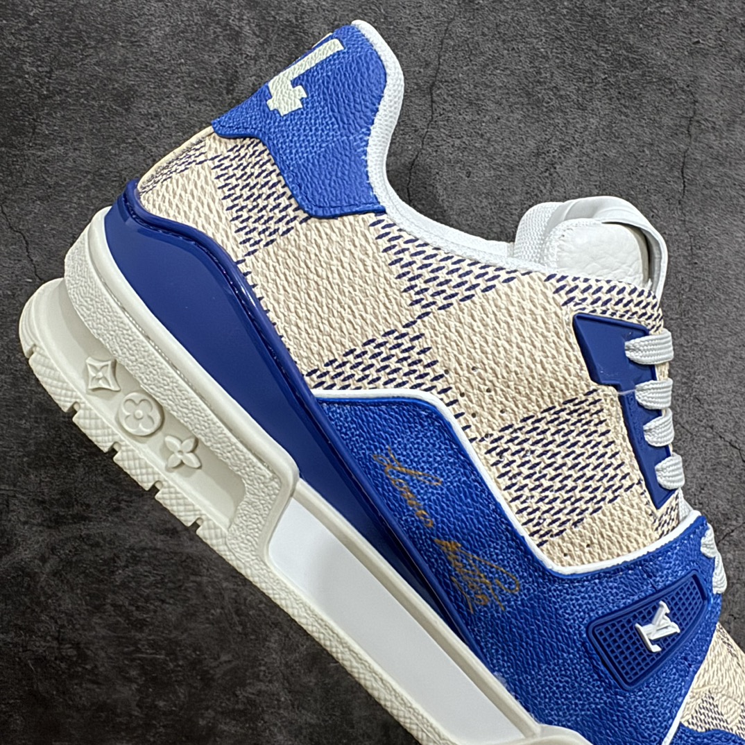 图片[7]-【广东顶级纯原】 全新LV路易威登Louis Vuitton LV Trainer Sneaker Low 低帮复古休闲运动文化百搭篮球板鞋 米白蓝灰色 棋盘格子n升级厚实抽屉礼品鞋盒及全套代购包装说明书防尘布袋物件(附送快递加固包装你牛皮纸盒)采用进口LV Monogram专属牛革与丝绸头层皮鞋面材质(原版一致空补胶“零胶”处理工艺)原装一致TPR光泽组合鞋底 耐弯折滴塑支持片 鞋垫嵌入超软脚感乳胶材质 Size：38 39 40 41 42 43 44 45-莆田鞋批发中心