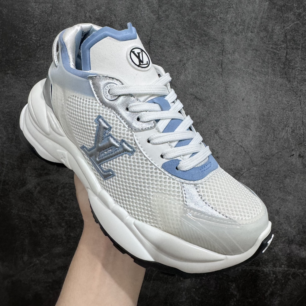 [Guangdong top pure original] LV low-top white, blue and silver Louis Vuitton Louis Vuitton RUN 55 round-toe lace-up low-top sports casual shoes