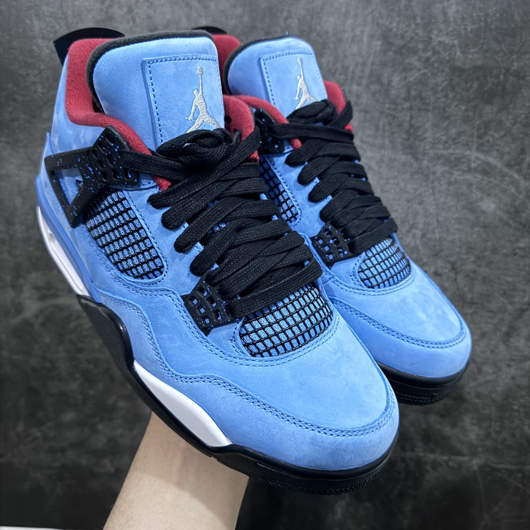 【PK4.0版本】 Air Jordan 4 x Travis Scott AJ4 TS联名 蓝麂皮 308497-406 n东莞元老级版师操刀倾力打造全网最强原楦原纸板开发 确保原汁原味n 韩国进口原材麂皮 质感色泽绝无偏差完美中底拉帮 采用真正原厂鞋扣原档案大底 如假白送 大底纹路气垫通透度PU的回弹性均百分百还原挑战全网艺术家 只服务市场5%高端客户 大底贴合程度胶水把控 圈内最顶尖 原厂数据 原厂电绣电脑针车 后跟定型 冲刀皮料裁剪零毛边 尺码：40.5 41 42 42.5 43 44 44.5 45 46 47.5-莆田鞋批发中心