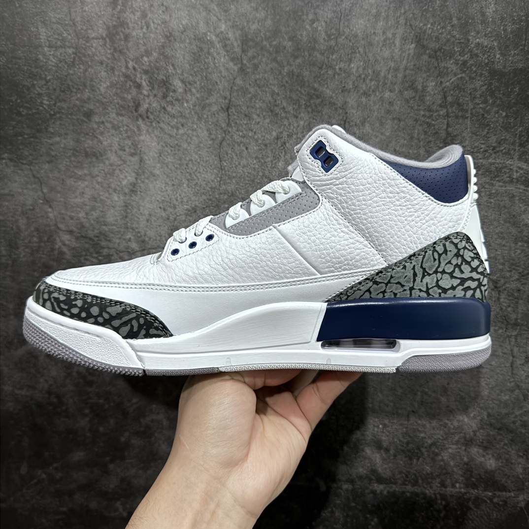 图片[2]-【纯原JS版本】Air Jordan AJ3 Midnight Navy复古灰蓝 CT8532-140 全套原纸板楦头开发 原厂大底磨具加持立体防滑纹理 原装可视Air Sole气垫 原汁原味最完美的三代版型 唯一正确鞋头趴度弧度高度鞋身腰线 原厂TPU彩虹扎染后跟饰片 正确内里反口里网布 皮料菱角分明不变形无多余毛边 广东原厂zp同批次手工大底描漆拉丝 市场唯一原厂鞋扣模具 原厂织唛标 原厂飞人电绣工艺 尾指中部跳三针 独家绑鞋带手法 印刷中底布 四线拉帮 米色美纹纸贴合固定 进口港宝加持 后跟自然饱满 全鞋荧光划线卡点 追求极致完美 每一双都是工艺品 多重QC质检 超越公司货的品控标准 实实在在的免检产品  尺码：40 40.5 41 42 42.5 43 44 44.5 45 46 47.5 48.5-莆田鞋批发中心