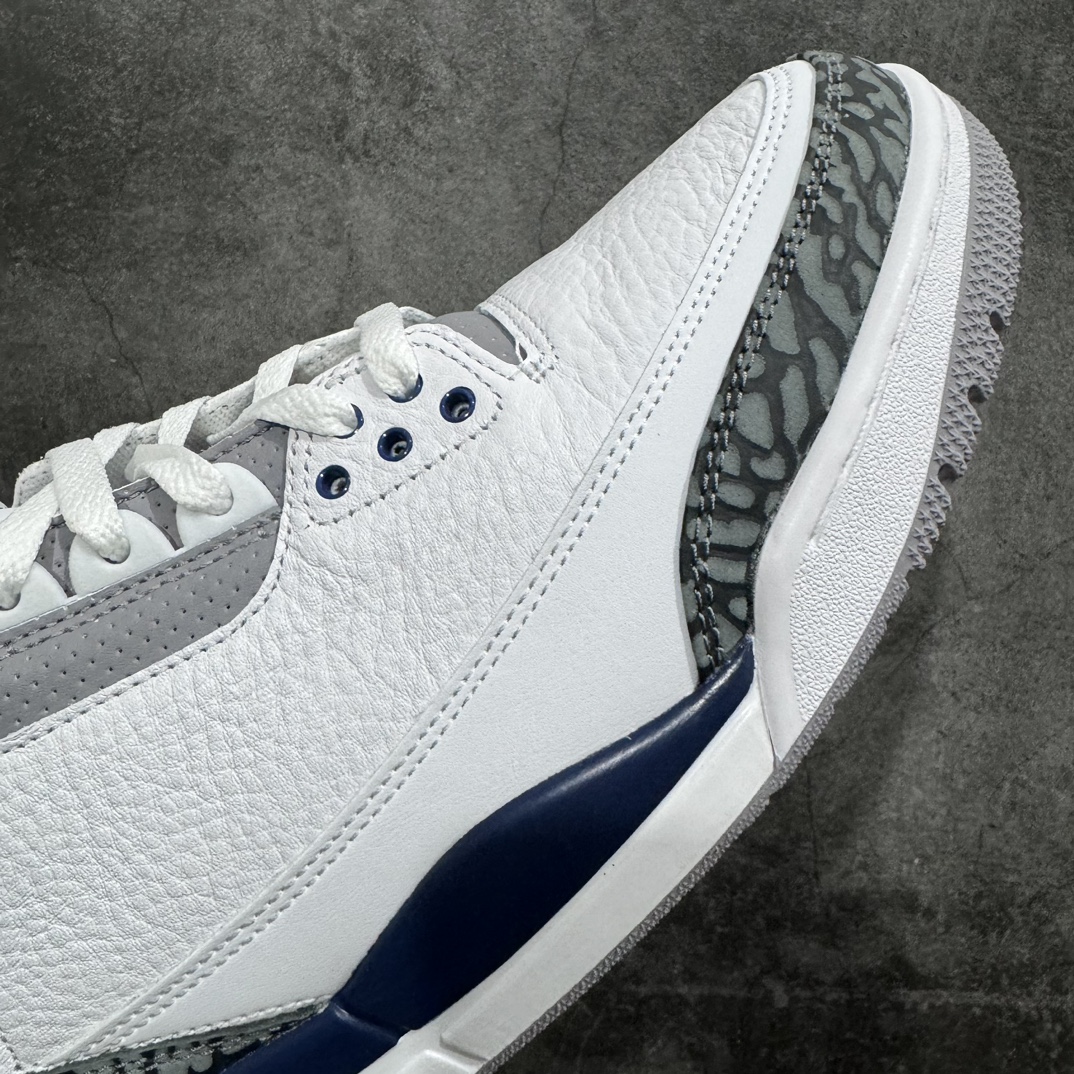 图片[6]-【纯原JS版本】Air Jordan AJ3 Midnight Navy复古灰蓝 CT8532-140 全套原纸板楦头开发 原厂大底磨具加持立体防滑纹理 原装可视Air Sole气垫 原汁原味最完美的三代版型 唯一正确鞋头趴度弧度高度鞋身腰线 原厂TPU彩虹扎染后跟饰片 正确内里反口里网布 皮料菱角分明不变形无多余毛边 广东原厂zp同批次手工大底描漆拉丝 市场唯一原厂鞋扣模具 原厂织唛标 原厂飞人电绣工艺 尾指中部跳三针 独家绑鞋带手法 印刷中底布 四线拉帮 米色美纹纸贴合固定 进口港宝加持 后跟自然饱满 全鞋荧光划线卡点 追求极致完美 每一双都是工艺品 多重QC质检 超越公司货的品控标准 实实在在的免检产品  尺码：40 40.5 41 42 42.5 43 44 44.5 45 46 47.5 48.5-莆田鞋批发中心