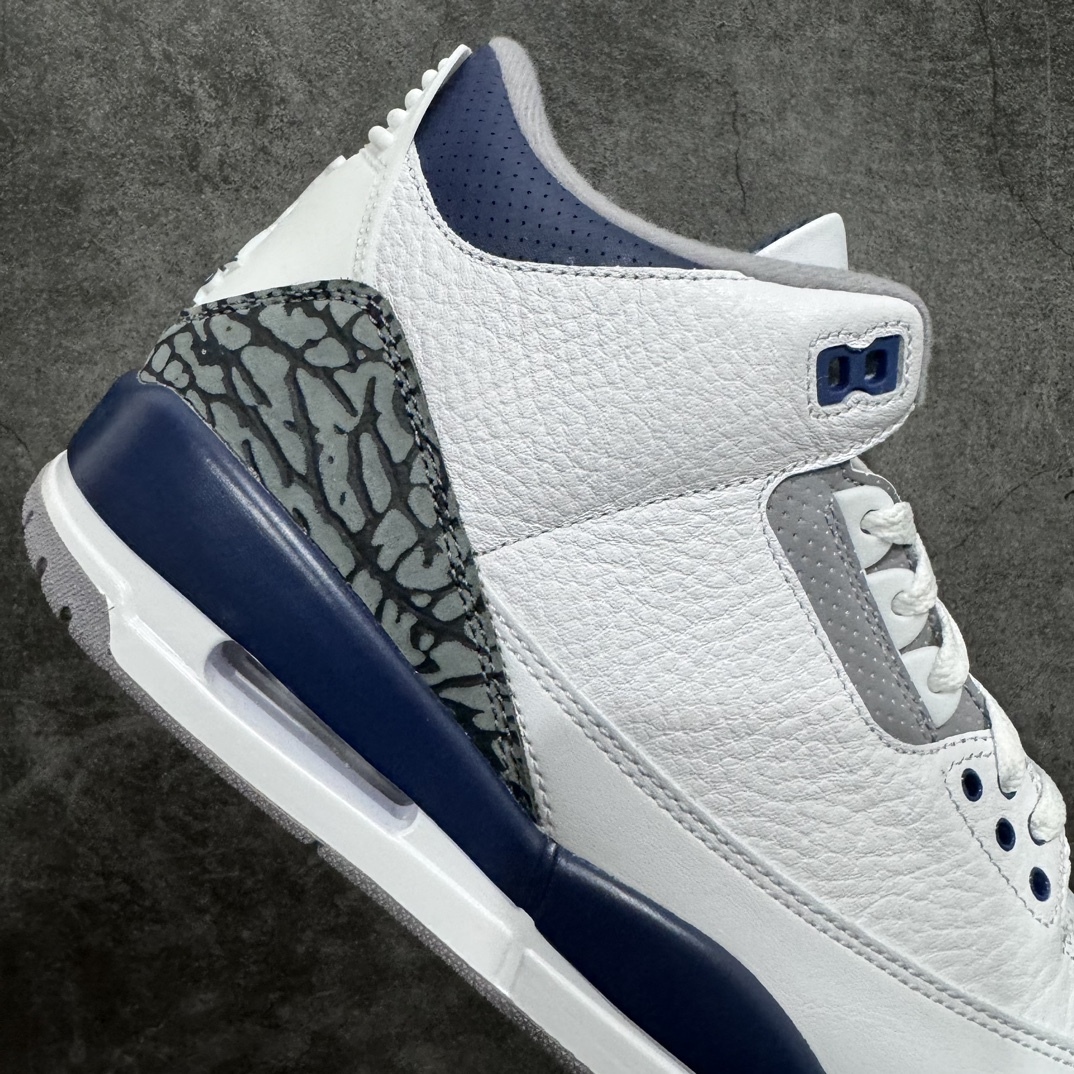 图片[7]-【纯原JS版本】Air Jordan AJ3 Midnight Navy复古灰蓝 CT8532-140 全套原纸板楦头开发 原厂大底磨具加持立体防滑纹理 原装可视Air Sole气垫 原汁原味最完美的三代版型 唯一正确鞋头趴度弧度高度鞋身腰线 原厂TPU彩虹扎染后跟饰片 正确内里反口里网布 皮料菱角分明不变形无多余毛边 广东原厂zp同批次手工大底描漆拉丝 市场唯一原厂鞋扣模具 原厂织唛标 原厂飞人电绣工艺 尾指中部跳三针 独家绑鞋带手法 印刷中底布 四线拉帮 米色美纹纸贴合固定 进口港宝加持 后跟自然饱满 全鞋荧光划线卡点 追求极致完美 每一双都是工艺品 多重QC质检 超越公司货的品控标准 实实在在的免检产品  尺码：40 40.5 41 42 42.5 43 44 44.5 45 46 47.5 48.5-莆田鞋批发中心