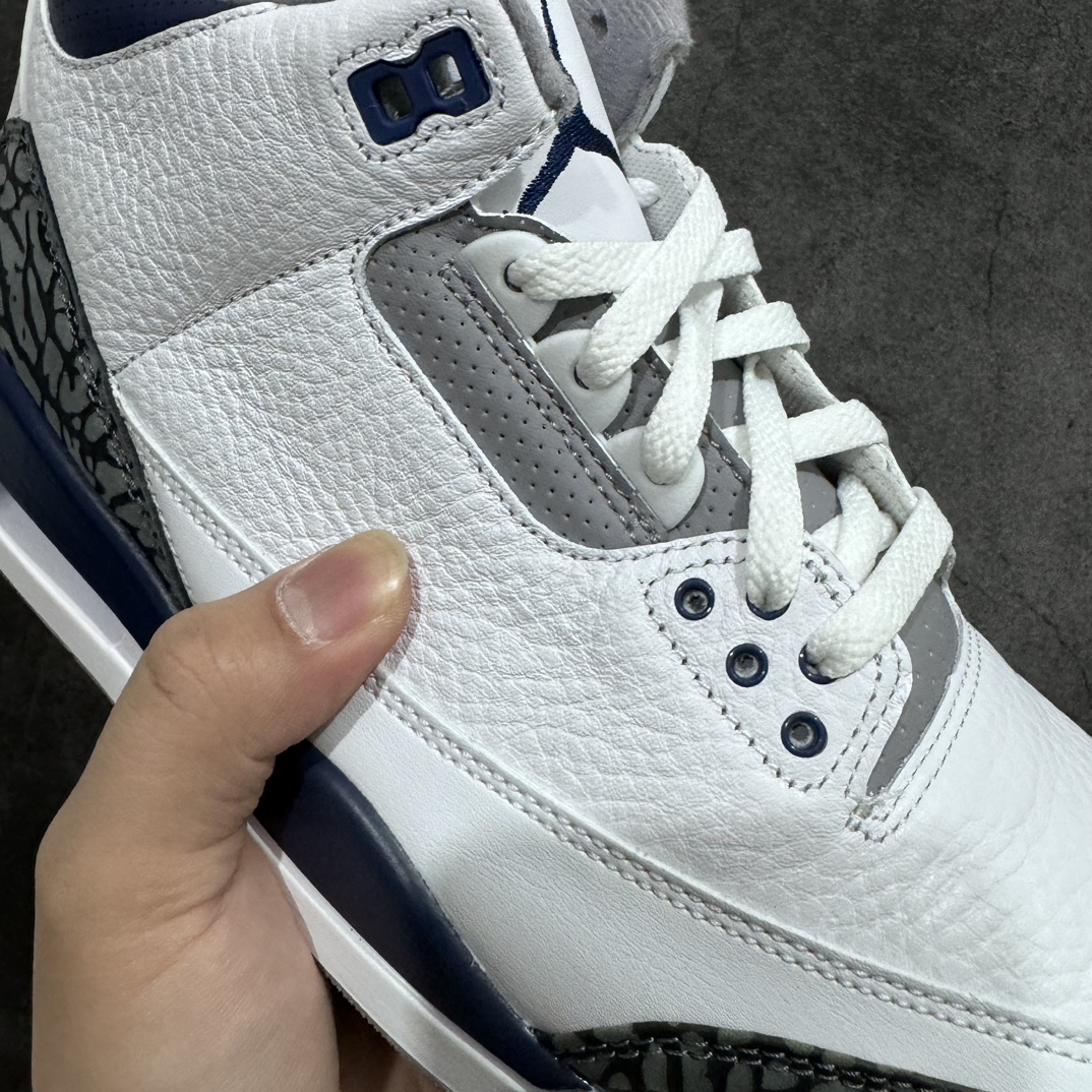 图片[4]-【纯原JS版本】Air Jordan AJ3 Midnight Navy复古灰蓝 CT8532-140 全套原纸板楦头开发 原厂大底磨具加持立体防滑纹理 原装可视Air Sole气垫 原汁原味最完美的三代版型 唯一正确鞋头趴度弧度高度鞋身腰线 原厂TPU彩虹扎染后跟饰片 正确内里反口里网布 皮料菱角分明不变形无多余毛边 广东原厂zp同批次手工大底描漆拉丝 市场唯一原厂鞋扣模具 原厂织唛标 原厂飞人电绣工艺 尾指中部跳三针 独家绑鞋带手法 印刷中底布 四线拉帮 米色美纹纸贴合固定 进口港宝加持 后跟自然饱满 全鞋荧光划线卡点 追求极致完美 每一双都是工艺品 多重QC质检 超越公司货的品控标准 实实在在的免检产品  尺码：40 40.5 41 42 42.5 43 44 44.5 45 46 47.5 48.5-莆田鞋批发中心