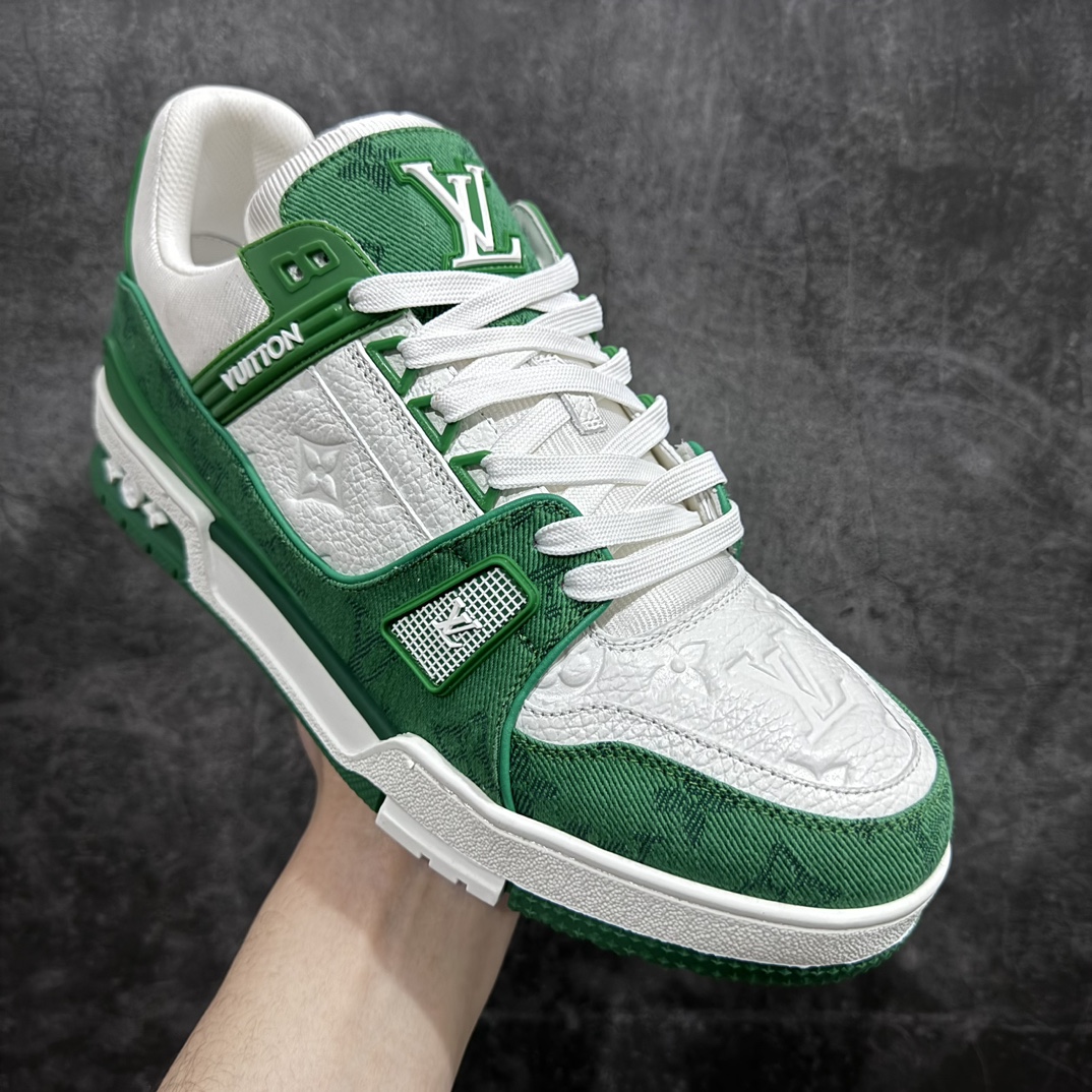 Top-quality LV Trainer white and green denim at a reasonable price