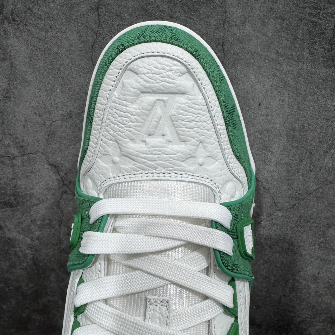 Top-quality LV Trainer white and green denim at a reasonable price