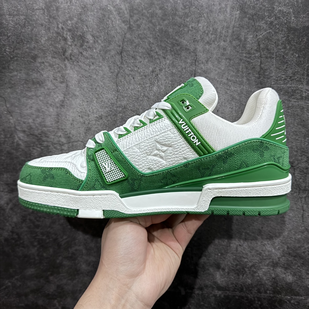 Top-quality LV Trainer white and green denim at a reasonable price