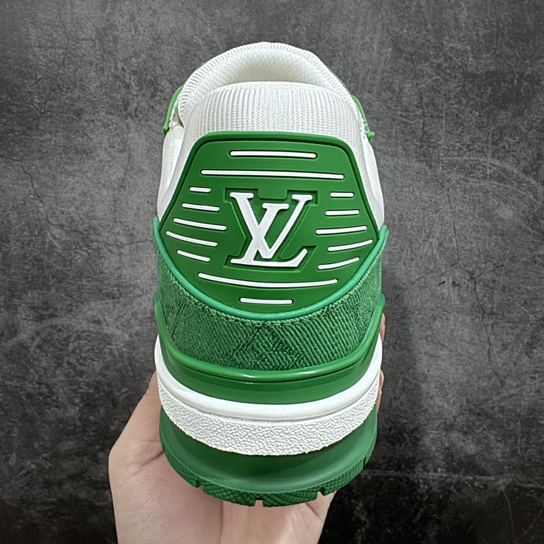 Top-quality LV Trainer white and green denim at a reasonable price