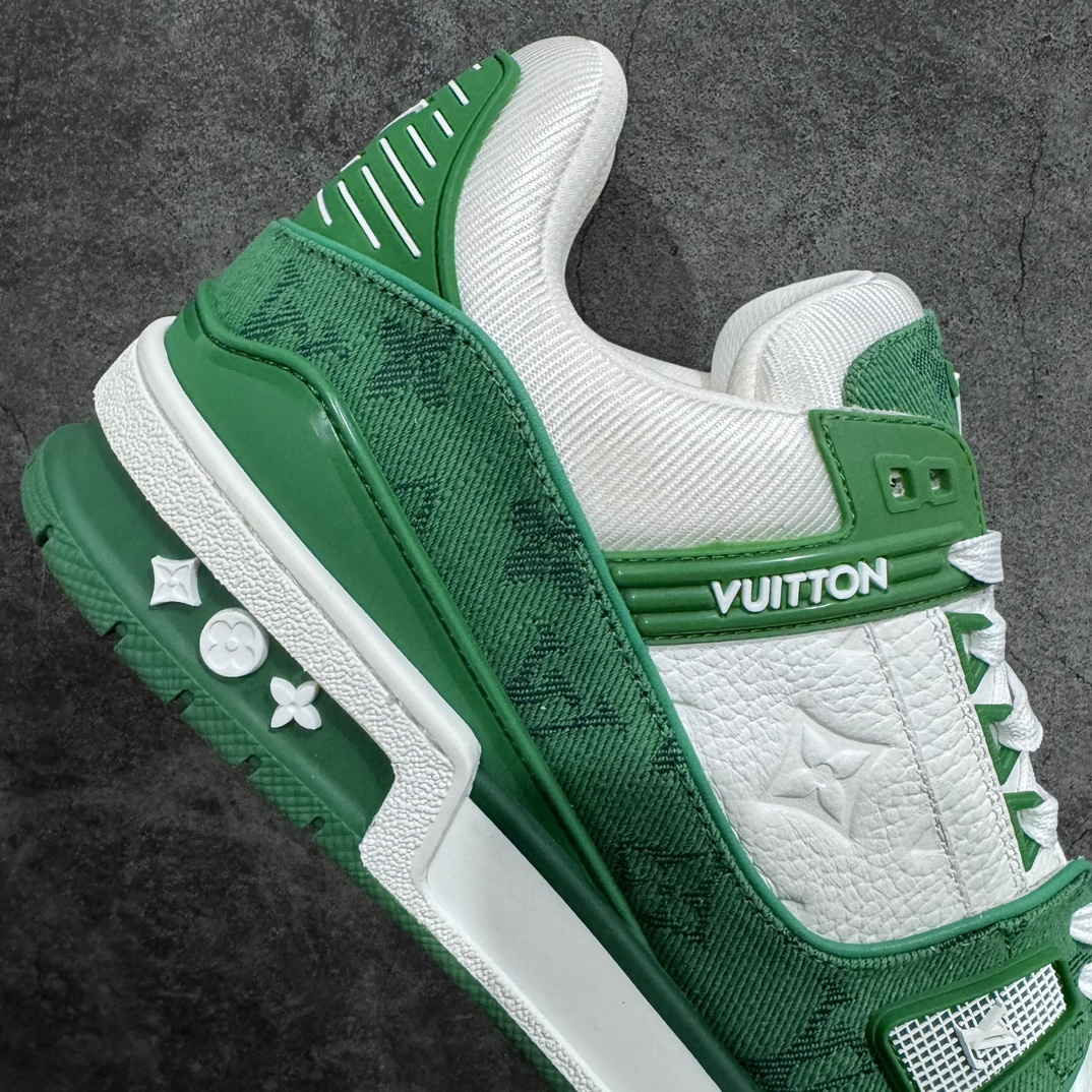 Top-quality LV Trainer white and green denim at a reasonable price