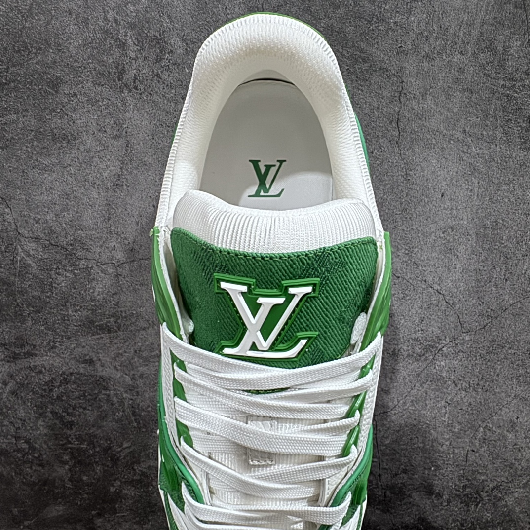 Top-quality LV Trainer white and green denim at a reasonable price