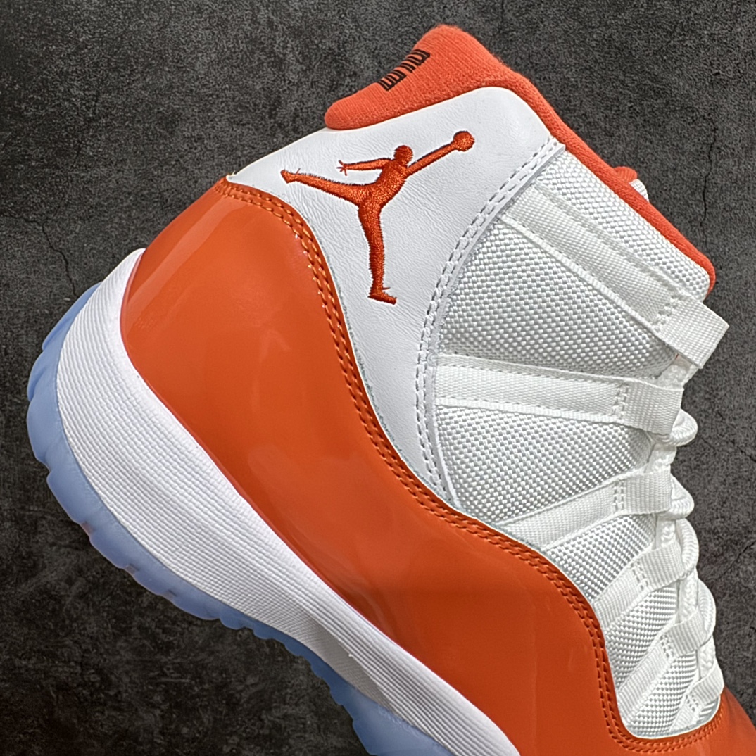 图片[7]-【外贸纯原版本】Air Jordan 11 Retro 高帮 橘白 AJ11 乔丹11代 aj11 乔11 高邦 橙白 乔丹篮球鞋系列n鞋身采用白色尼龙网眼鞋面，搭配橘色漆皮材质覆盖层，展现出不错的整体性设计；后跟依然使用经典的\”二三\”并且采用黑色进行点缀，后跟侧身Jumpman Logo则以橘色刺绣呈现，自带一种简约高贵的气质；鞋带孔辅以橘色绣标上Jordan黑色刺绣点缀，营造出奢华的氛围，最后以白色中底和透明水晶外底及白色Jumpman Logo完善整体设计。 货号：378037-002 尺码：40 40.5 41 42 42.5 43 44 44.5 45 45.5 46 47.5 48.5 编码：777420450-莆田鞋批发中心