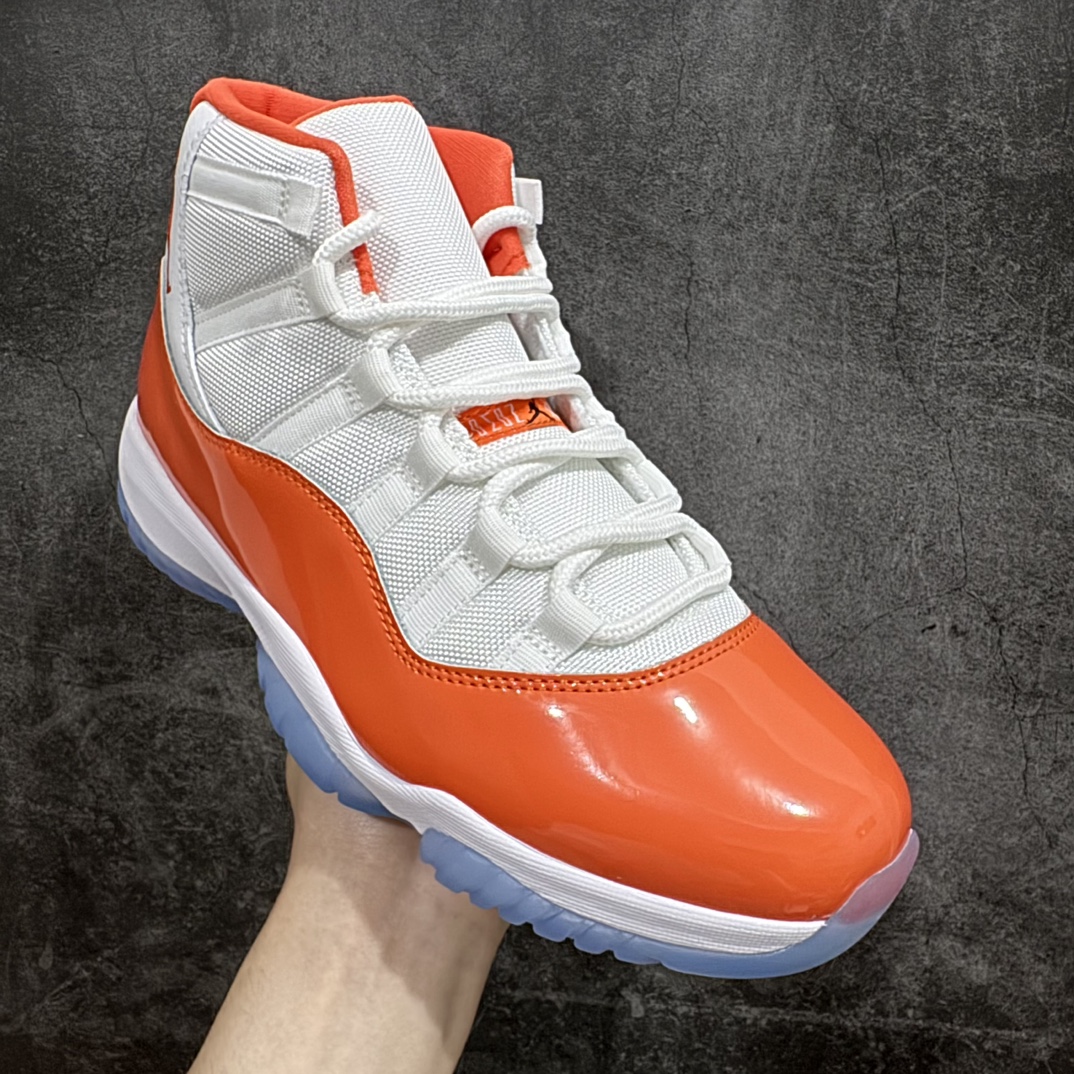 图片[3]-【外贸纯原版本】Air Jordan 11 Retro 高帮 橘白 AJ11 乔丹11代 aj11 乔11 高邦 橙白 乔丹篮球鞋系列n鞋身采用白色尼龙网眼鞋面，搭配橘色漆皮材质覆盖层，展现出不错的整体性设计；后跟依然使用经典的\”二三\”并且采用黑色进行点缀，后跟侧身Jumpman Logo则以橘色刺绣呈现，自带一种简约高贵的气质；鞋带孔辅以橘色绣标上Jordan黑色刺绣点缀，营造出奢华的氛围，最后以白色中底和透明水晶外底及白色Jumpman Logo完善整体设计。 货号：378037-002 尺码：40 40.5 41 42 42.5 43 44 44.5 45 45.5 46 47.5 48.5 编码：777420450-莆田鞋批发中心