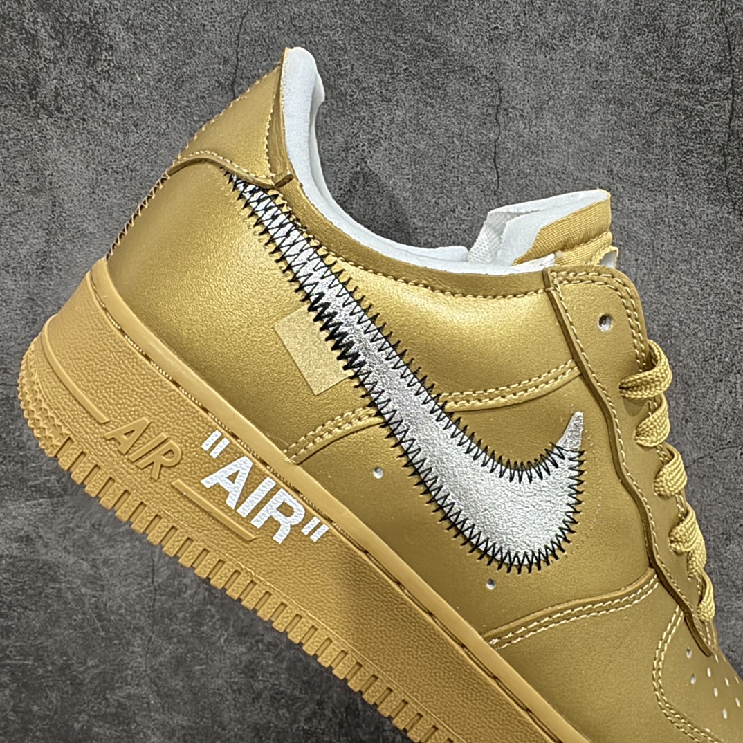 图片[7]-【纯原H12版】Off-White x NK Air Force 1 \”Gold”空军一号 OW联名金色艺术馆 AO4297-800 全套原原楦纸版开发 越南原大装底 重金采购原厂Prime Asia贝利进口皮料 内侧标语字体三段大小 原厂油墨加持 色泽亮度 高频效果一致 全鞋电脑针车 工整有序 视觉效果满分 原厂拉帮手法 标准四线 密度针距针孔大小控制到位 原装反口里网布海绵 正确卡色网眼大小 原厂港宝加持完美还原灵魂版型 原盒原配从里到外百分百还原 内置Sole气垫 中底白色背胶SIZE：39 40 40.5 41 42 42.5 43 44 44.5 45 46 47.5 编码：DF350400-莆田鞋批发中心