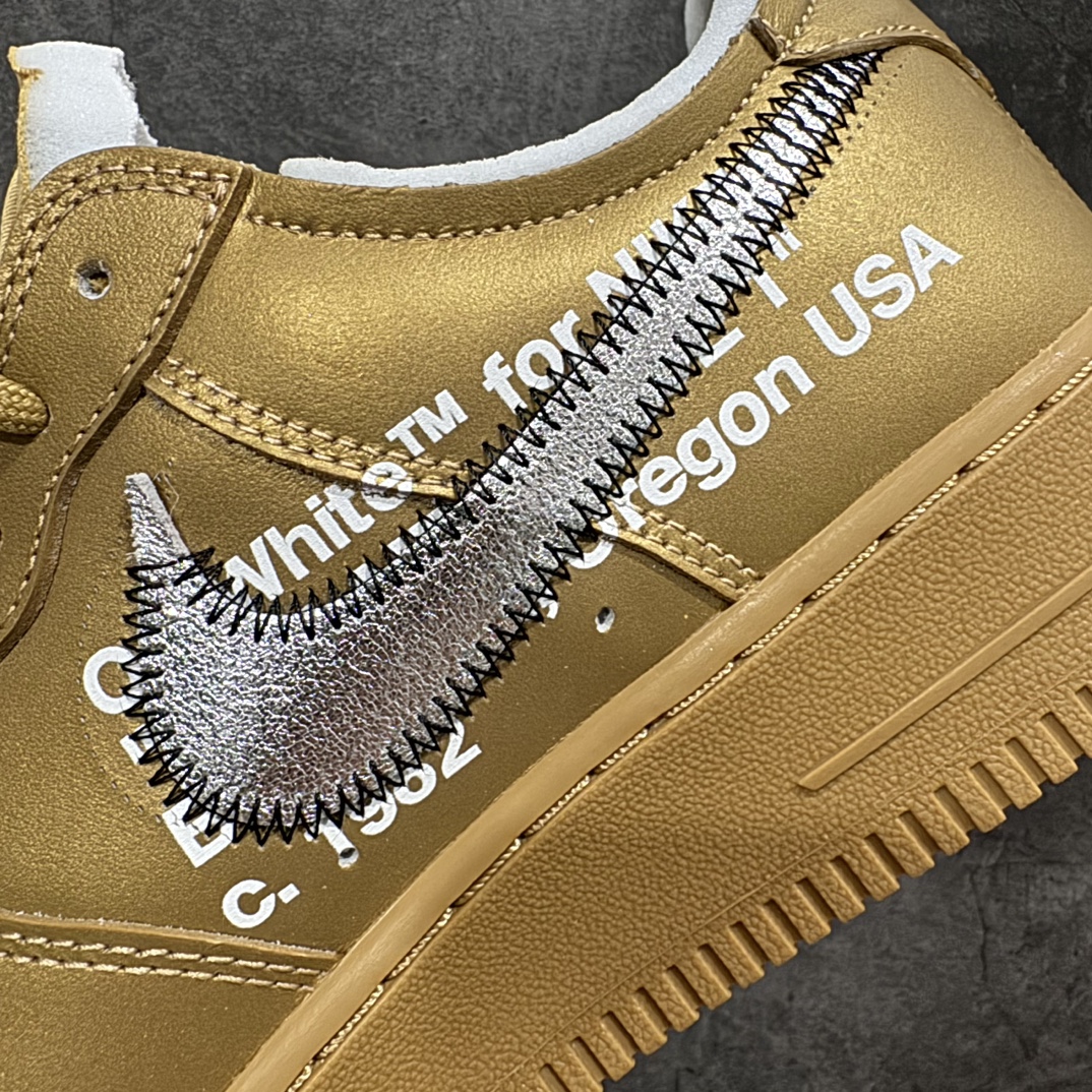 图片[6]-【纯原H12版】Off-White x NK Air Force 1 \”Gold”空军一号 OW联名金色艺术馆 AO4297-800 全套原原楦纸版开发 越南原大装底 重金采购原厂Prime Asia贝利进口皮料 内侧标语字体三段大小 原厂油墨加持 色泽亮度 高频效果一致 全鞋电脑针车 工整有序 视觉效果满分 原厂拉帮手法 标准四线 密度针距针孔大小控制到位 原装反口里网布海绵 正确卡色网眼大小 原厂港宝加持完美还原灵魂版型 原盒原配从里到外百分百还原 内置Sole气垫 中底白色背胶SIZE：39 40 40.5 41 42 42.5 43 44 44.5 45 46 47.5 编码：DF350400-鞋库