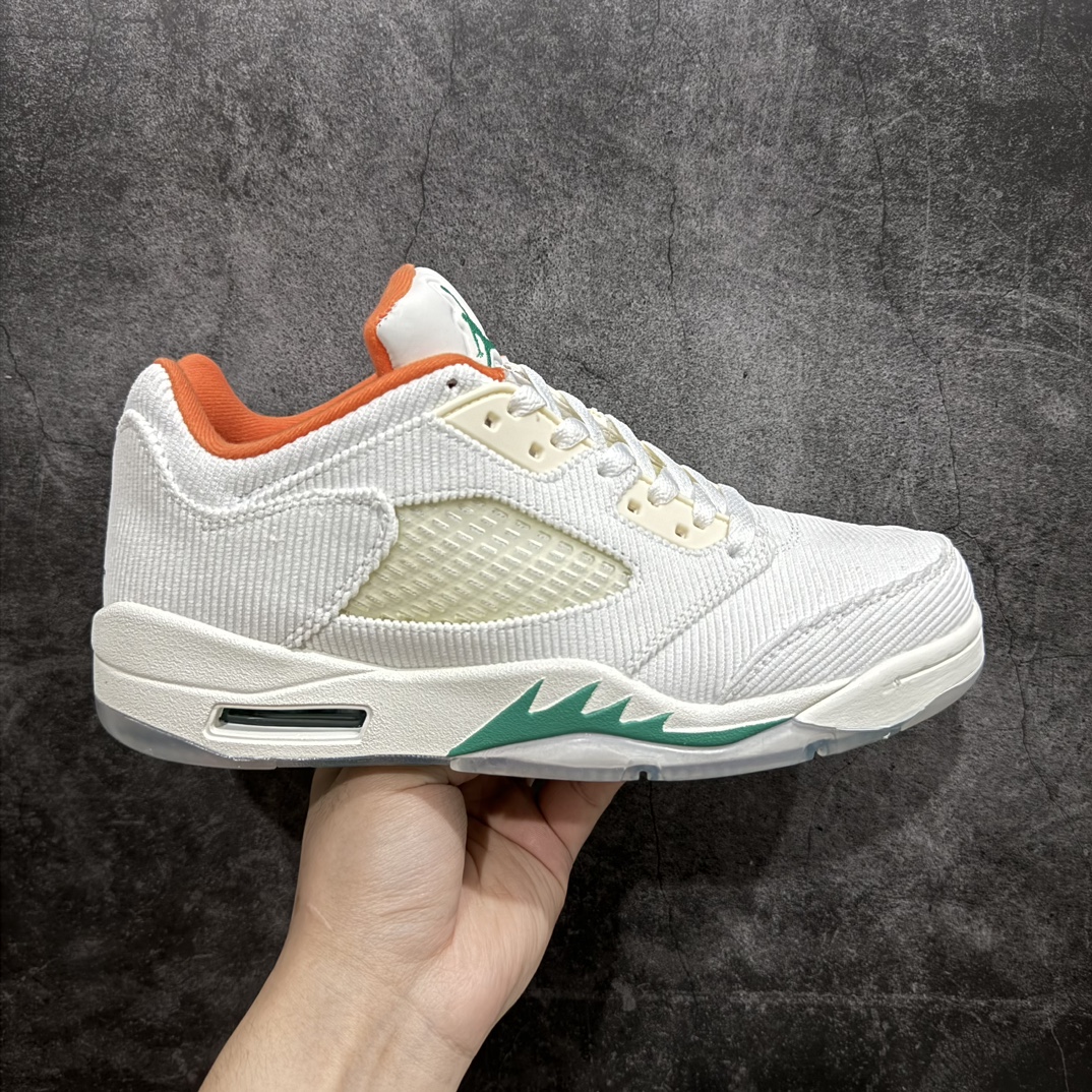 纯原版AirJordan5LowAJ5乔丹5代低帮灯芯绒白橙绿货号CW4204-100国内头层皮料订染用