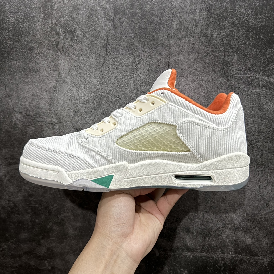 纯原版AirJordan5LowAJ5乔丹5代低帮灯芯绒白橙绿货号CW4204-100国内头层皮料订染用