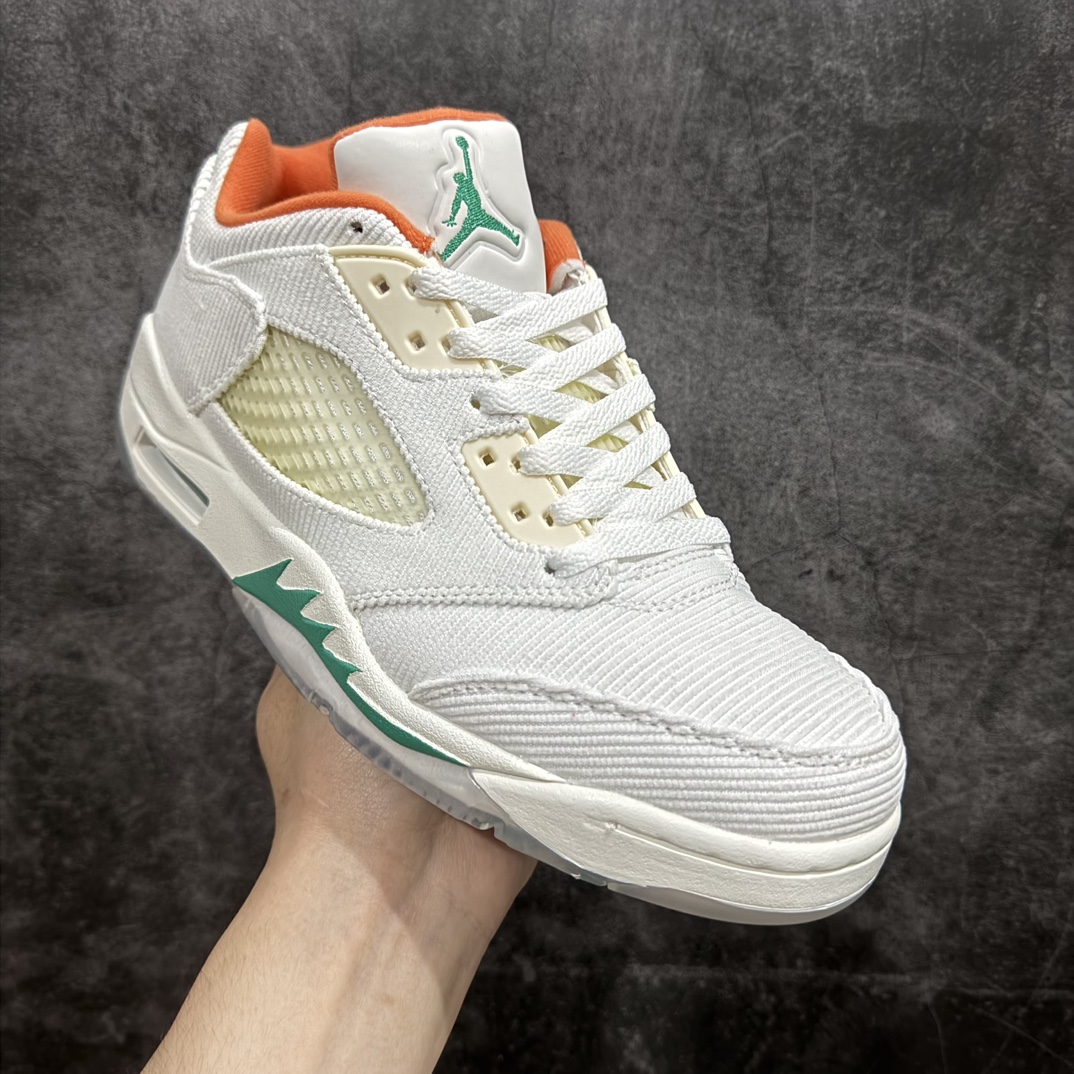 纯原版AirJordan5LowAJ5乔丹5代低帮灯芯绒白橙绿货号CW4204-100国内头层皮料订染用