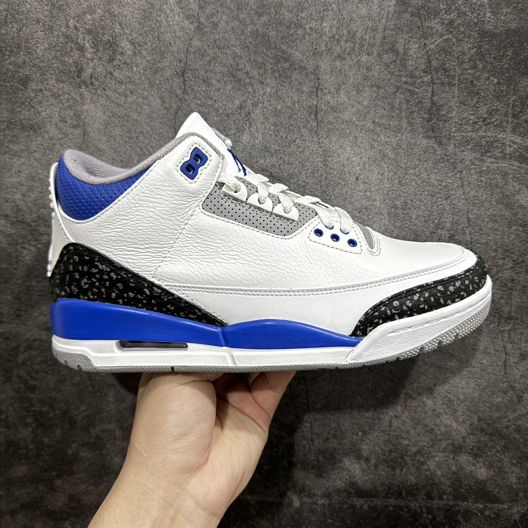 【原厂版】Air Jordan 3 Retro “racer blue ＂白蓝 小闪电 赛车蓝 男n 全套原纸板楦头开发 原厂大底磨具加持立体防滑纹理 原装可视Air Sole气垫 原汁原味最完美的三代版型 唯一正确鞋头趴度弧度高度鞋身腰线 原厂TPU彩虹扎染后跟饰片 正确内里反口里网布 皮料菱角分明不变形无多余毛边 广东原厂zp同批次手工大底描漆拉丝 市场唯一原厂鞋扣模具 原厂织唛标 原厂飞人电绣工艺 尾指中部跳三针 独家绑鞋带手法 印刷中底布 四线拉帮 米色美纹纸贴合固定 进口港宝加持 后跟自然饱满 全鞋荧光划线卡点 追求极致完美 每一双都是工艺品 多重QC质检 超越公司货的品控标准 实实在在的免检产品  尺码：40 40.5 41 42 42.5 43 44 44.5 45 46 47.5  编码：X10280320-鞋库