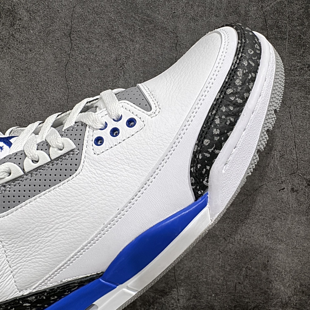 图片[6]-【原厂版】Air Jordan 3 Retro “racer blue ＂白蓝 小闪电 赛车蓝 男n 全套原纸板楦头开发 原厂大底磨具加持立体防滑纹理 原装可视Air Sole气垫 原汁原味最完美的三代版型 唯一正确鞋头趴度弧度高度鞋身腰线 原厂TPU彩虹扎染后跟饰片 正确内里反口里网布 皮料菱角分明不变形无多余毛边 广东原厂zp同批次手工大底描漆拉丝 市场唯一原厂鞋扣模具 原厂织唛标 原厂飞人电绣工艺 尾指中部跳三针 独家绑鞋带手法 印刷中底布 四线拉帮 米色美纹纸贴合固定 进口港宝加持 后跟自然饱满 全鞋荧光划线卡点 追求极致完美 每一双都是工艺品 多重QC质检 超越公司货的品控标准 实实在在的免检产品  尺码：40 40.5 41 42 42.5 43 44 44.5 45 46 47.5  编码：X10280320-鞋库