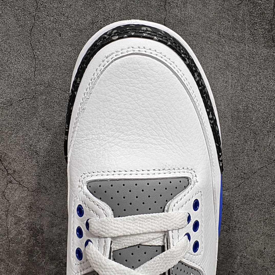 图片[5]-【原厂版】Air Jordan 3 Retro “racer blue ＂白蓝 小闪电 赛车蓝 男n 全套原纸板楦头开发 原厂大底磨具加持立体防滑纹理 原装可视Air Sole气垫 原汁原味最完美的三代版型 唯一正确鞋头趴度弧度高度鞋身腰线 原厂TPU彩虹扎染后跟饰片 正确内里反口里网布 皮料菱角分明不变形无多余毛边 广东原厂zp同批次手工大底描漆拉丝 市场唯一原厂鞋扣模具 原厂织唛标 原厂飞人电绣工艺 尾指中部跳三针 独家绑鞋带手法 印刷中底布 四线拉帮 米色美纹纸贴合固定 进口港宝加持 后跟自然饱满 全鞋荧光划线卡点 追求极致完美 每一双都是工艺品 多重QC质检 超越公司货的品控标准 实实在在的免检产品  尺码：40 40.5 41 42 42.5 43 44 44.5 45 46 47.5  编码：X10280320-鞋库