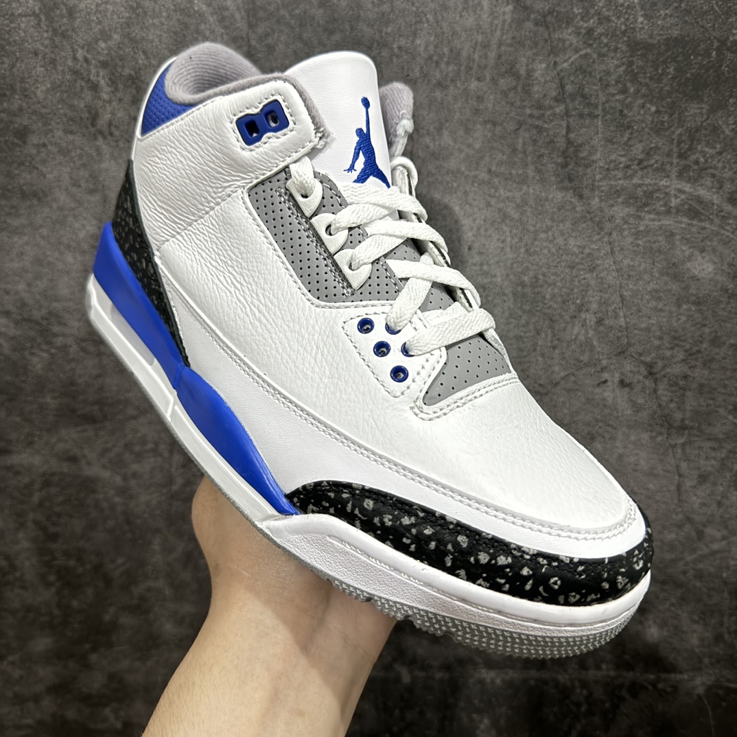 图片[3]-【原厂版】Air Jordan 3 Retro “racer blue ＂白蓝 小闪电 赛车蓝 男n 全套原纸板楦头开发 原厂大底磨具加持立体防滑纹理 原装可视Air Sole气垫 原汁原味最完美的三代版型 唯一正确鞋头趴度弧度高度鞋身腰线 原厂TPU彩虹扎染后跟饰片 正确内里反口里网布 皮料菱角分明不变形无多余毛边 广东原厂zp同批次手工大底描漆拉丝 市场唯一原厂鞋扣模具 原厂织唛标 原厂飞人电绣工艺 尾指中部跳三针 独家绑鞋带手法 印刷中底布 四线拉帮 米色美纹纸贴合固定 进口港宝加持 后跟自然饱满 全鞋荧光划线卡点 追求极致完美 每一双都是工艺品 多重QC质检 超越公司货的品控标准 实实在在的免检产品  尺码：40 40.5 41 42 42.5 43 44 44.5 45 46 47.5  编码：X10280320-鞋库