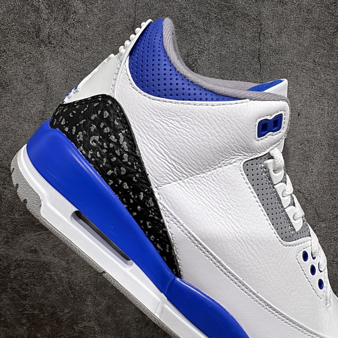 图片[7]-【原厂版】Air Jordan 3 Retro “racer blue ＂白蓝 小闪电 赛车蓝 男n 全套原纸板楦头开发 原厂大底磨具加持立体防滑纹理 原装可视Air Sole气垫 原汁原味最完美的三代版型 唯一正确鞋头趴度弧度高度鞋身腰线 原厂TPU彩虹扎染后跟饰片 正确内里反口里网布 皮料菱角分明不变形无多余毛边 广东原厂zp同批次手工大底描漆拉丝 市场唯一原厂鞋扣模具 原厂织唛标 原厂飞人电绣工艺 尾指中部跳三针 独家绑鞋带手法 印刷中底布 四线拉帮 米色美纹纸贴合固定 进口港宝加持 后跟自然饱满 全鞋荧光划线卡点 追求极致完美 每一双都是工艺品 多重QC质检 超越公司货的品控标准 实实在在的免检产品  尺码：40 40.5 41 42 42.5 43 44 44.5 45 46 47.5  编码：X10280320-鞋库