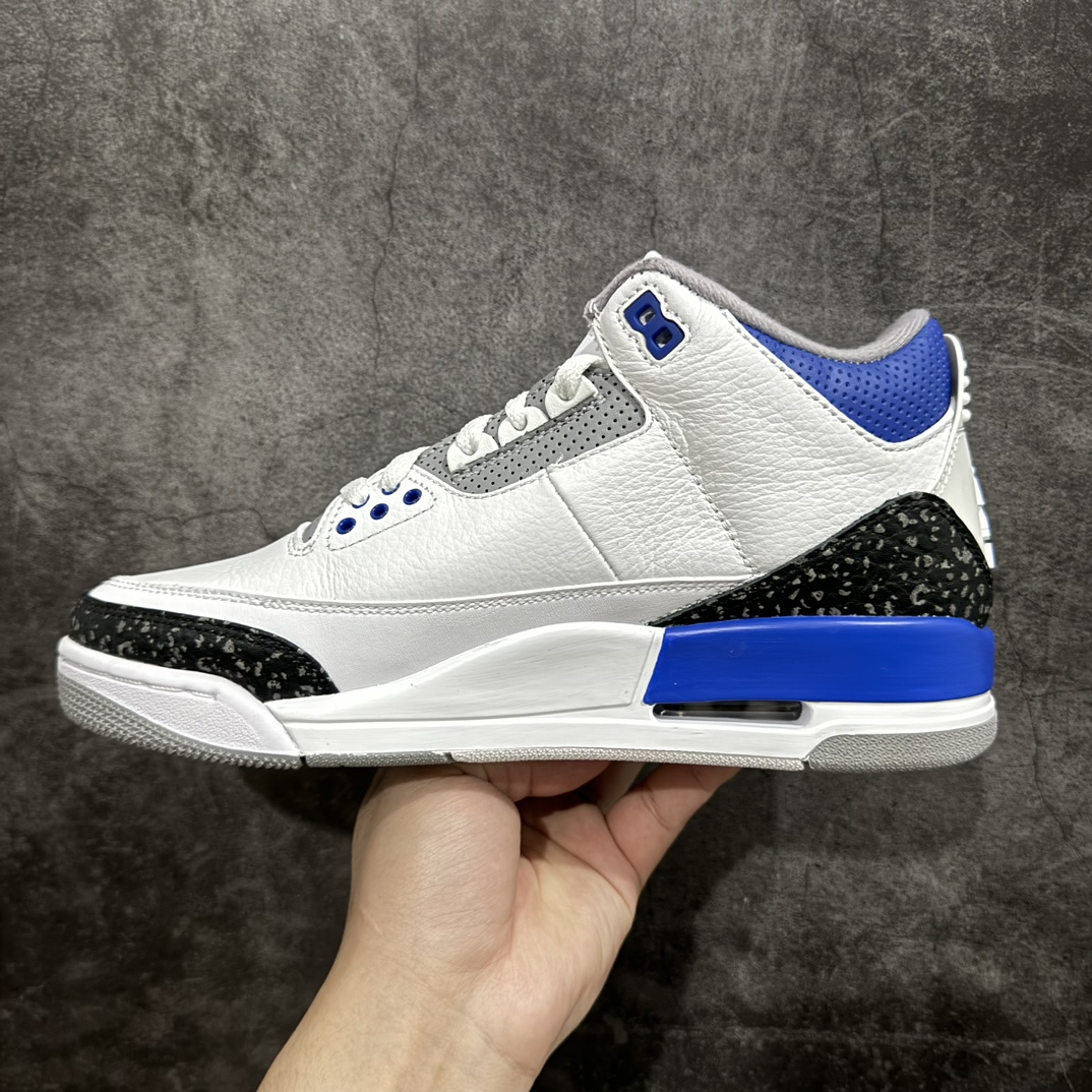 图片[2]-【原厂版】Air Jordan 3 Retro “racer blue ＂白蓝 小闪电 赛车蓝 男n 全套原纸板楦头开发 原厂大底磨具加持立体防滑纹理 原装可视Air Sole气垫 原汁原味最完美的三代版型 唯一正确鞋头趴度弧度高度鞋身腰线 原厂TPU彩虹扎染后跟饰片 正确内里反口里网布 皮料菱角分明不变形无多余毛边 广东原厂zp同批次手工大底描漆拉丝 市场唯一原厂鞋扣模具 原厂织唛标 原厂飞人电绣工艺 尾指中部跳三针 独家绑鞋带手法 印刷中底布 四线拉帮 米色美纹纸贴合固定 进口港宝加持 后跟自然饱满 全鞋荧光划线卡点 追求极致完美 每一双都是工艺品 多重QC质检 超越公司货的品控标准 实实在在的免检产品  尺码：40 40.5 41 42 42.5 43 44 44.5 45 46 47.5  编码：X10280320-鞋库