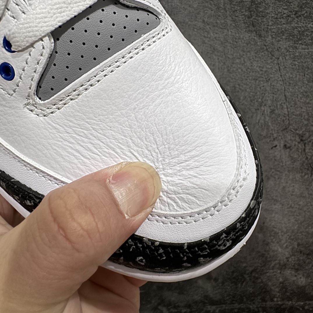 图片[4]-【原厂版】Air Jordan 3 Retro “racer blue ＂白蓝 小闪电 赛车蓝 男n 全套原纸板楦头开发 原厂大底磨具加持立体防滑纹理 原装可视Air Sole气垫 原汁原味最完美的三代版型 唯一正确鞋头趴度弧度高度鞋身腰线 原厂TPU彩虹扎染后跟饰片 正确内里反口里网布 皮料菱角分明不变形无多余毛边 广东原厂zp同批次手工大底描漆拉丝 市场唯一原厂鞋扣模具 原厂织唛标 原厂飞人电绣工艺 尾指中部跳三针 独家绑鞋带手法 印刷中底布 四线拉帮 米色美纹纸贴合固定 进口港宝加持 后跟自然饱满 全鞋荧光划线卡点 追求极致完美 每一双都是工艺品 多重QC质检 超越公司货的品控标准 实实在在的免检产品  尺码：40 40.5 41 42 42.5 43 44 44.5 45 46 47.5  编码：X10280320-鞋库