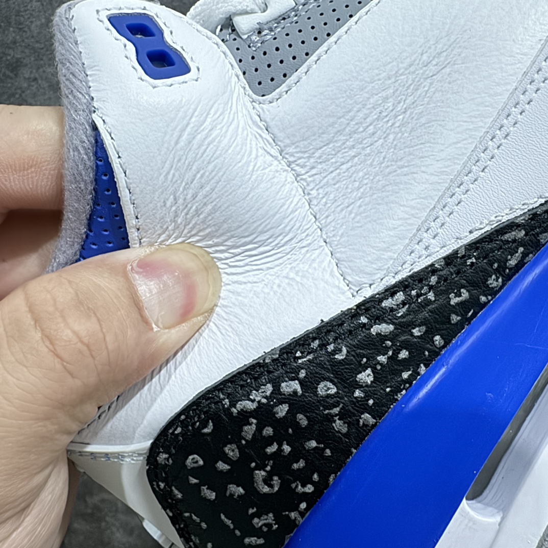 图片[3]-【原厂版】Air Jordan 3 Retro “racer blue ＂白蓝 小闪电 赛车蓝 男n 全套原纸板楦头开发 原厂大底磨具加持立体防滑纹理 原装可视Air Sole气垫 原汁原味最完美的三代版型 唯一正确鞋头趴度弧度高度鞋身腰线 原厂TPU彩虹扎染后跟饰片 正确内里反口里网布 皮料菱角分明不变形无多余毛边 广东原厂zp同批次手工大底描漆拉丝 市场唯一原厂鞋扣模具 原厂织唛标 原厂飞人电绣工艺 尾指中部跳三针 独家绑鞋带手法 印刷中底布 四线拉帮 米色美纹纸贴合固定 进口港宝加持 后跟自然饱满 全鞋荧光划线卡点 追求极致完美 每一双都是工艺品 多重QC质检 超越公司货的品控标准 实实在在的免检产品  尺码：40 40.5 41 42 42.5 43 44 44.5 45 46 47.5  编码：X10280320-鞋库