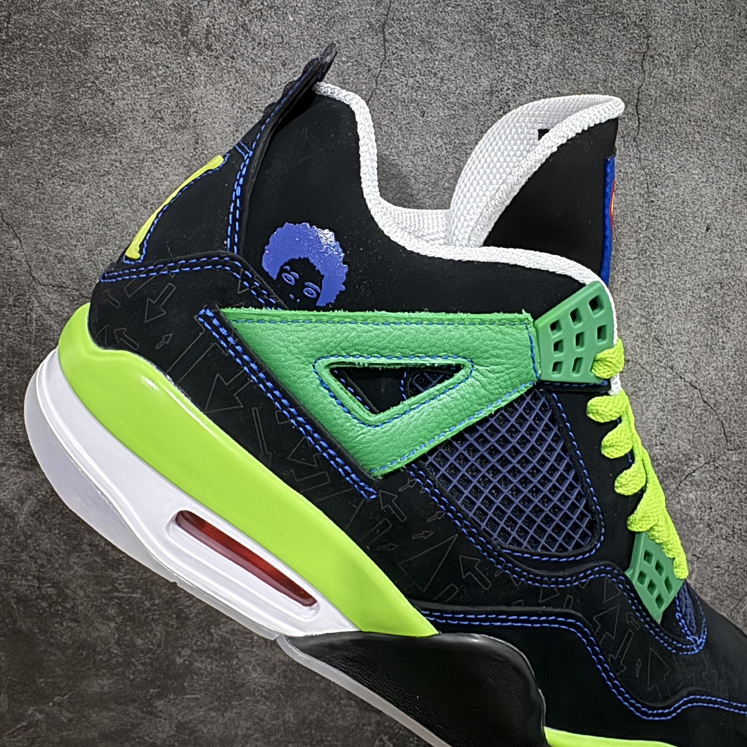 图片[7]-【DG2.0版本】Air Jordan AJ4 Retro Doernbecher 慈善超人 黑蓝绿 308497-015n情怀单品 收藏必备 独家外贸特供 耗时半年巨作 全套原纸板楦头开发 原厂特供皮料加持 确保原汁原味 完美呈现四代版型 一比一鞋头弧度高度鞋身弧度 数据细节工艺流程均保持原鞋一致 原厂TPU网格鞋带扣 正确内里网布 菱角分明不变形无多余毛边 柔软性质感一致于原鞋 市场唯一原厂鞋扣模具 背面可见隐藏注塑口 原厂织唛标 原厂飞人电绣工艺 尾指中部跳三针 独家绑鞋带手法 印刷中底布 四线拉帮 米色美纹纸贴合固定 进口港宝加持 后跟自然饱满 全鞋荧光划线卡点 追求极致完美 每一双都是工艺品 多重QC质检 超越公司货的品控标准 实实在在的免检产品  尺码：40.5 41 42 42.5 43 44 44.5 45 45.5 46 47.5 48.5 编码：LJQ470500-莆田鞋批发中心