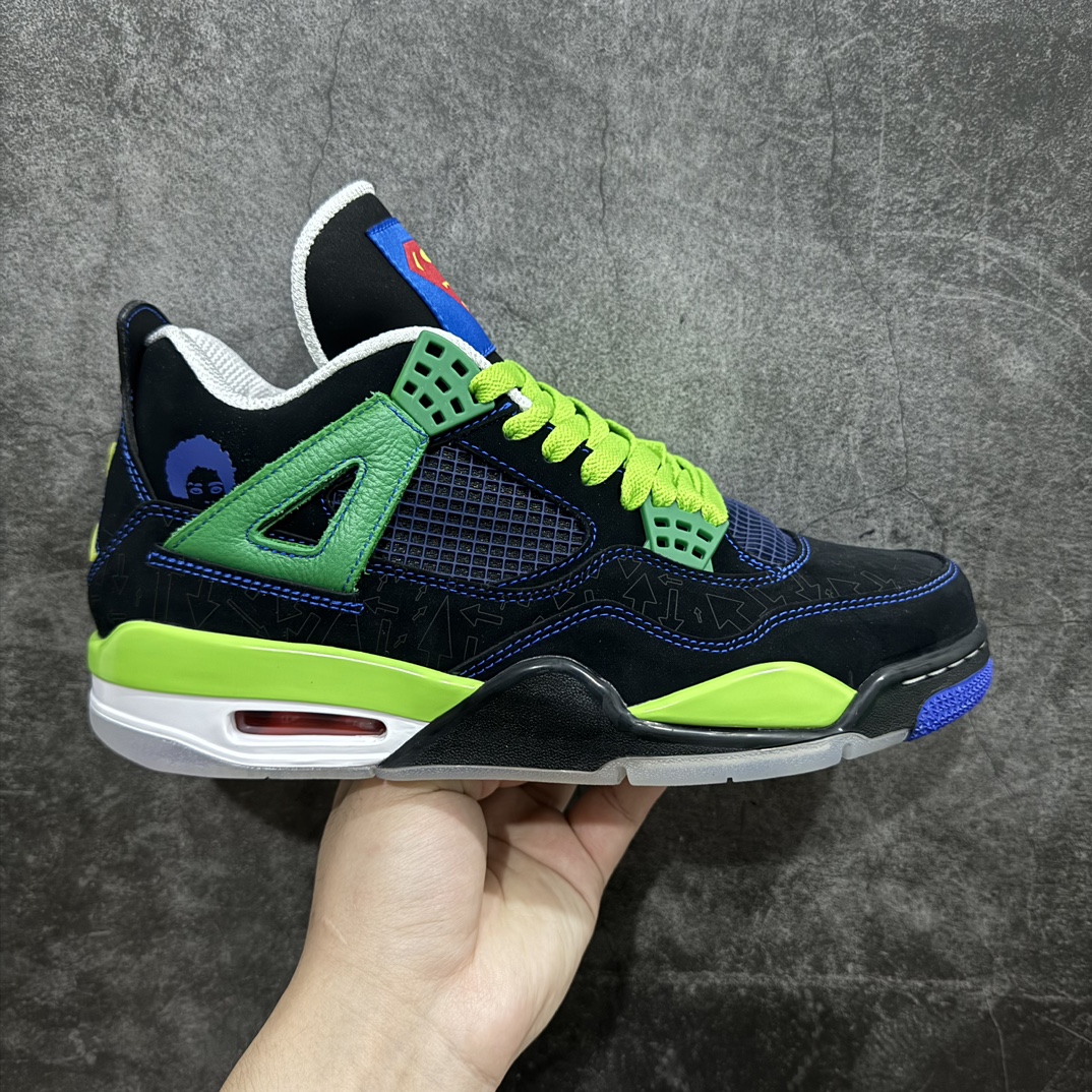 【DG2.0版本】Air Jordan AJ4 Retro Doernbecher 慈善超人 黑蓝绿 308497-015n情怀单品 收藏必备 独家外贸特供 耗时半年巨作 全套原纸板楦头开发 原厂特供皮料加持 确保原汁原味 完美呈现四代版型 一比一鞋头弧度高度鞋身弧度 数据细节工艺流程均保持原鞋一致 原厂TPU网格鞋带扣 正确内里网布 菱角分明不变形无多余毛边 柔软性质感一致于原鞋 市场唯一原厂鞋扣模具 背面可见隐藏注塑口 原厂织唛标 原厂飞人电绣工艺 尾指中部跳三针 独家绑鞋带手法 印刷中底布 四线拉帮 米色美纹纸贴合固定 进口港宝加持 后跟自然饱满 全鞋荧光划线卡点 追求极致完美 每一双都是工艺品 多重QC质检 超越公司货的品控标准 实实在在的免检产品  尺码：40.5 41 42 42.5 43 44 44.5 45 45.5 46 47.5 48.5 编码：LJQ470500-莆田鞋批发中心