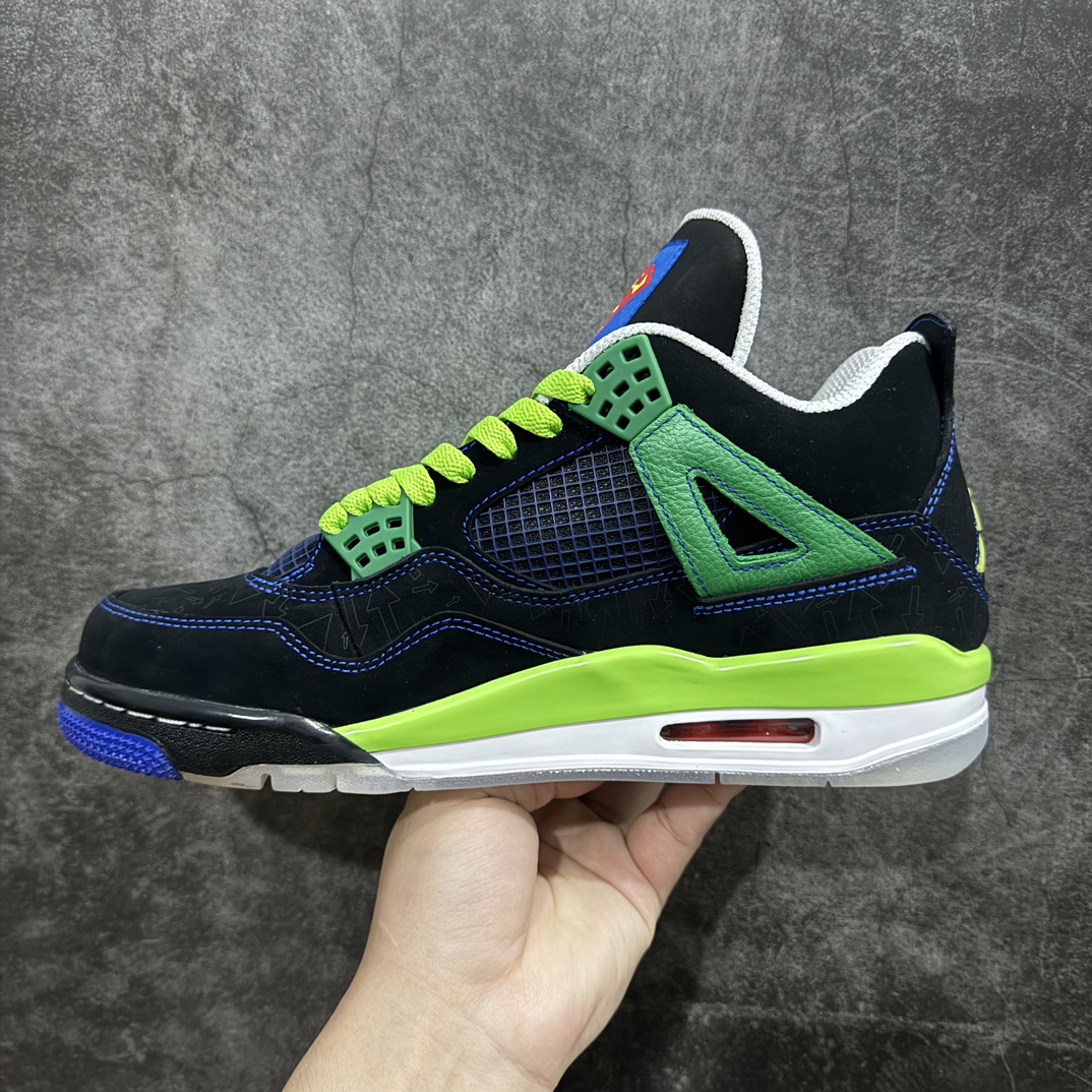 图片[2]-【DG2.0版本】Air Jordan AJ4 Retro Doernbecher 慈善超人 黑蓝绿 308497-015n情怀单品 收藏必备 独家外贸特供 耗时半年巨作 全套原纸板楦头开发 原厂特供皮料加持 确保原汁原味 完美呈现四代版型 一比一鞋头弧度高度鞋身弧度 数据细节工艺流程均保持原鞋一致 原厂TPU网格鞋带扣 正确内里网布 菱角分明不变形无多余毛边 柔软性质感一致于原鞋 市场唯一原厂鞋扣模具 背面可见隐藏注塑口 原厂织唛标 原厂飞人电绣工艺 尾指中部跳三针 独家绑鞋带手法 印刷中底布 四线拉帮 米色美纹纸贴合固定 进口港宝加持 后跟自然饱满 全鞋荧光划线卡点 追求极致完美 每一双都是工艺品 多重QC质检 超越公司货的品控标准 实实在在的免检产品  尺码：40.5 41 42 42.5 43 44 44.5 45 45.5 46 47.5 48.5 编码：LJQ470500-莆田鞋批发中心