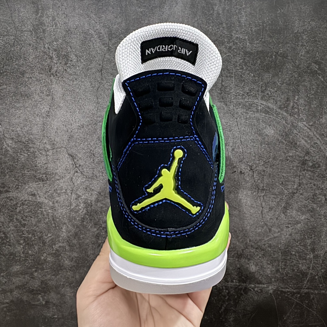 图片[4]-【DG2.0版本】Air Jordan AJ4 Retro Doernbecher 慈善超人 黑蓝绿 308497-015n情怀单品 收藏必备 独家外贸特供 耗时半年巨作 全套原纸板楦头开发 原厂特供皮料加持 确保原汁原味 完美呈现四代版型 一比一鞋头弧度高度鞋身弧度 数据细节工艺流程均保持原鞋一致 原厂TPU网格鞋带扣 正确内里网布 菱角分明不变形无多余毛边 柔软性质感一致于原鞋 市场唯一原厂鞋扣模具 背面可见隐藏注塑口 原厂织唛标 原厂飞人电绣工艺 尾指中部跳三针 独家绑鞋带手法 印刷中底布 四线拉帮 米色美纹纸贴合固定 进口港宝加持 后跟自然饱满 全鞋荧光划线卡点 追求极致完美 每一双都是工艺品 多重QC质检 超越公司货的品控标准 实实在在的免检产品  尺码：40.5 41 42 42.5 43 44 44.5 45 45.5 46 47.5 48.5 编码：LJQ470500-莆田鞋批发中心