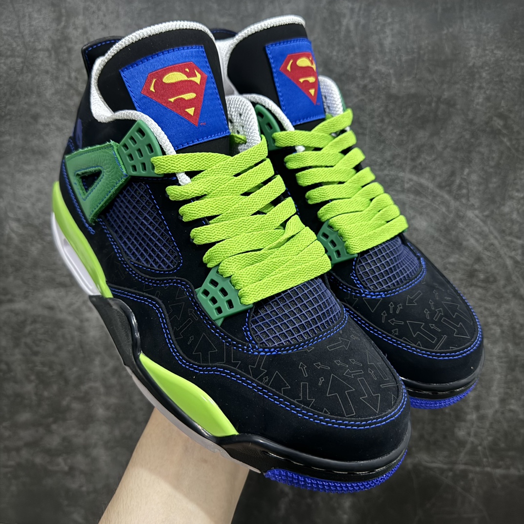 【DG2.0版本】Air Jordan AJ4 Retro Doernbecher 慈善超人 黑蓝绿 308497-015n情怀单品 收藏必备 独家外贸特供 耗时半年巨作 全套原纸板楦头开发 原厂特供皮料加持 确保原汁原味 完美呈现四代版型 一比一鞋头弧度高度鞋身弧度 数据细节工艺流程均保持原鞋一致 原厂TPU网格鞋带扣 正确内里网布 菱角分明不变形无多余毛边 柔软性质感一致于原鞋 市场唯一原厂鞋扣模具 背面可见隐藏注塑口 原厂织唛标 原厂飞人电绣工艺 尾指中部跳三针 独家绑鞋带手法 印刷中底布 四线拉帮 米色美纹纸贴合固定 进口港宝加持 后跟自然饱满 全鞋荧光划线卡点 追求极致完美 每一双都是工艺品 多重QC质检 超越公司货的品控标准 实实在在的免检产品  尺码：40.5 41 42 42.5 43 44 44.5 45 45.5 46 47.5 48.5 编码：LJQ470500-莆田鞋批发中心