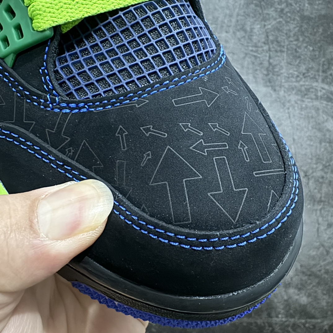 图片[4]-【DG2.0版本】Air Jordan AJ4 Retro Doernbecher 慈善超人 黑蓝绿 308497-015n情怀单品 收藏必备 独家外贸特供 耗时半年巨作 全套原纸板楦头开发 原厂特供皮料加持 确保原汁原味 完美呈现四代版型 一比一鞋头弧度高度鞋身弧度 数据细节工艺流程均保持原鞋一致 原厂TPU网格鞋带扣 正确内里网布 菱角分明不变形无多余毛边 柔软性质感一致于原鞋 市场唯一原厂鞋扣模具 背面可见隐藏注塑口 原厂织唛标 原厂飞人电绣工艺 尾指中部跳三针 独家绑鞋带手法 印刷中底布 四线拉帮 米色美纹纸贴合固定 进口港宝加持 后跟自然饱满 全鞋荧光划线卡点 追求极致完美 每一双都是工艺品 多重QC质检 超越公司货的品控标准 实实在在的免检产品  尺码：40.5 41 42 42.5 43 44 44.5 45 45.5 46 47.5 48.5 编码：LJQ470500-莆田鞋批发中心