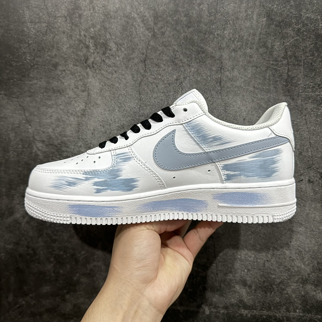 定制版 Nk Air Force 1'07 Low 二次元主题手绘 断裂三勾阴影 白蓝色 空军一号低帮休闲板鞋 CW2288-111