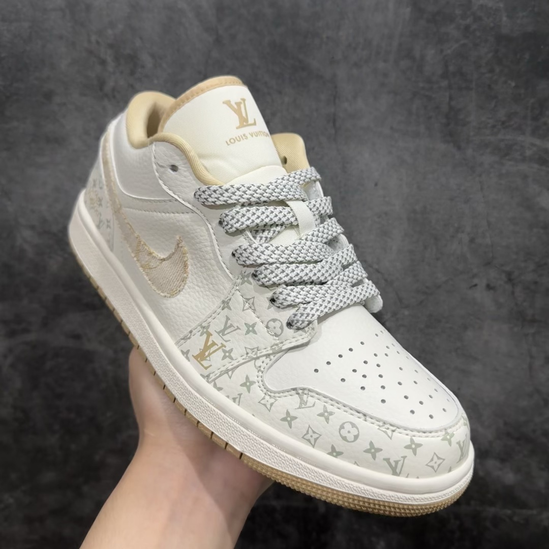 定制版AirJordan1LowAJ1乔1LV联名-印花卡其高端定制低帮篮球鞋SJ9950-004定制鞋