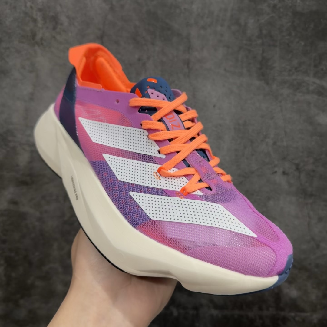 公司级adidasAdizeroAdiosPro3舒适百搭减震防滑耐磨低帮碳板马拉松跑步鞋女款粉色波士顿