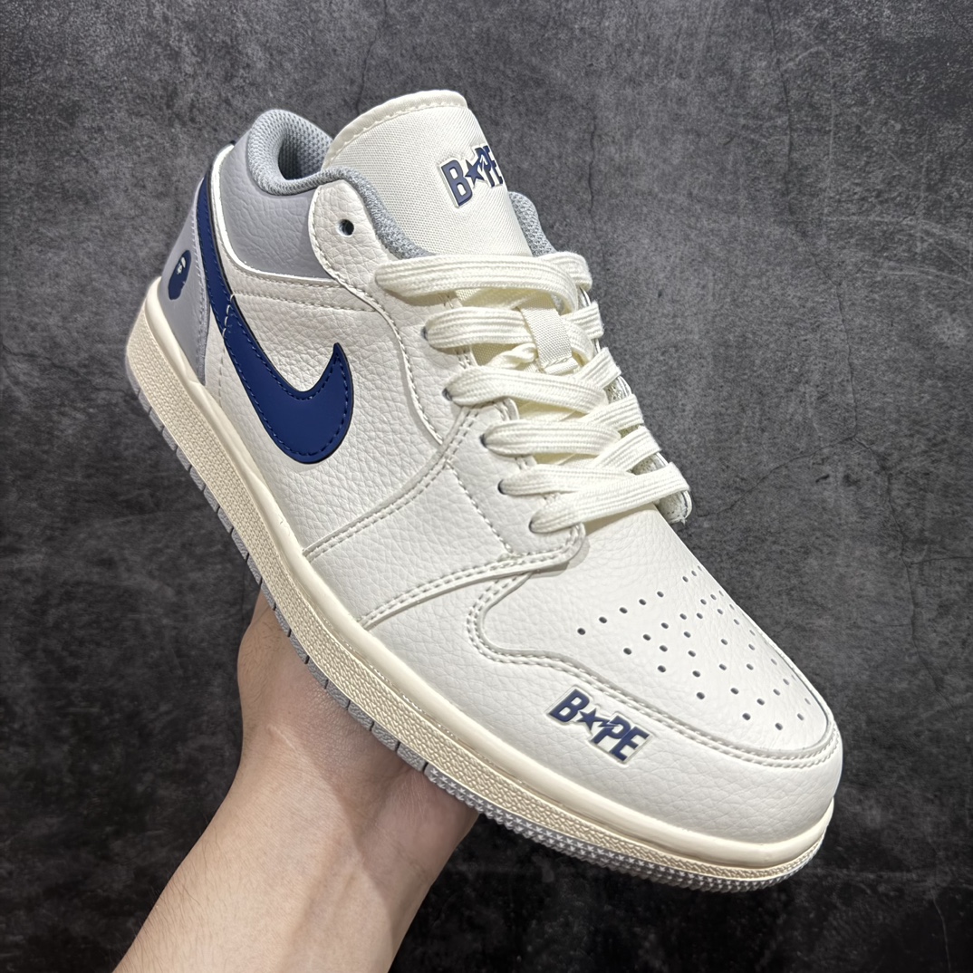 定制版NikeJordanAirJordan1“Bape联名米蓝灰”高端定制低帮复古减震防滑耐磨篮球鞋定