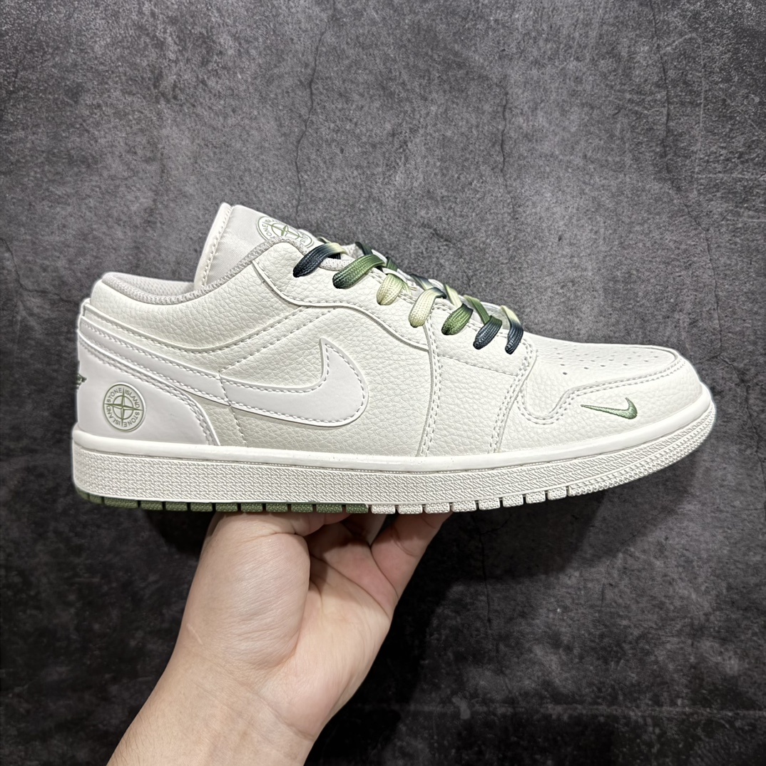 定制版AirJordan1LowAJ1乔1石头岛联名-米绿双拼高端定制低帮复古篮球鞋DC2024-029